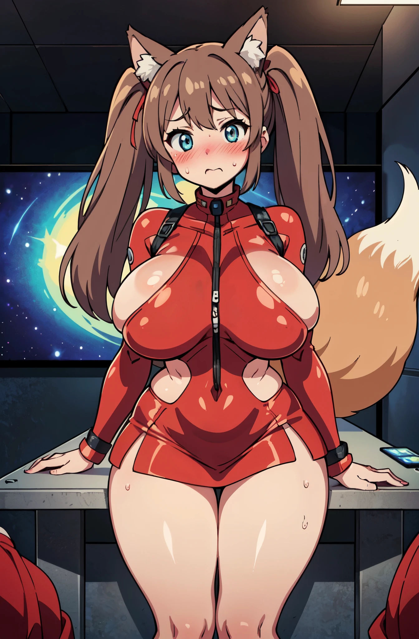 ((Table t○p, highest quality, Hi-Res Lucifer,Anime Screen Capture、Perfect Pixel, 4K)))、Perfect Anatomy、(((Huge breasts、Wide hips、Thick thighs)))、Sweat, (((Red and grey cyber suit、Red mini skirt))),(Blue colored eyes)、((Long twin tails、Fox Ears))、((brown hair)), Red ribbon、 Shrine maiden、((((blush、Embarrassing))))、Tight clothing、:○、(Spaceship cockpit)
