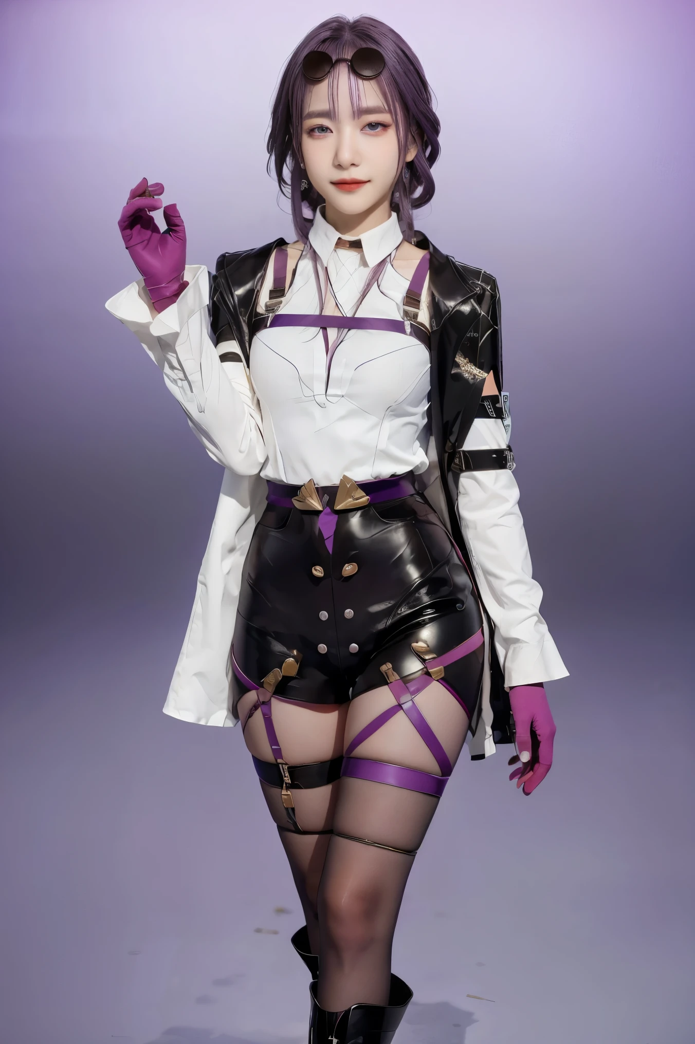 masterpiece, best quality, 1girl, KafkaV4, shirt, white shirt, jacket, purple hair, long sleeves, eyewear on head, sunglasses, boots, gloves, pantyhose, cowboy shot, standing, gradient background, spaceship, closed mouth, smile, looking at viewer,
