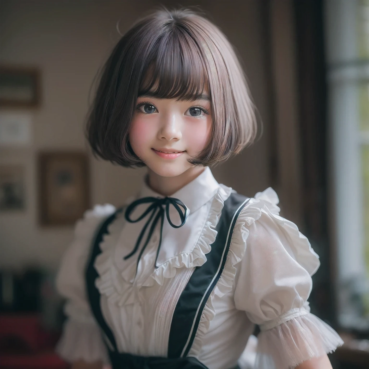 ((sfw:1.4)), (( extra short hair, sidelocks-hair, 1Girl)), Ultra High Resolution, (Realistic:1.4), RAW Photo, Best Quality, (Photorealistic), Focus, Soft Light, (()), ((Japanese)), (( (young face))), (surface), (depth of field), masterpiece, (realistic), wearing highly detailed (( maid clothes with frills and ribbon)), bangs, ((1 girl)),.(smile:1.2)

