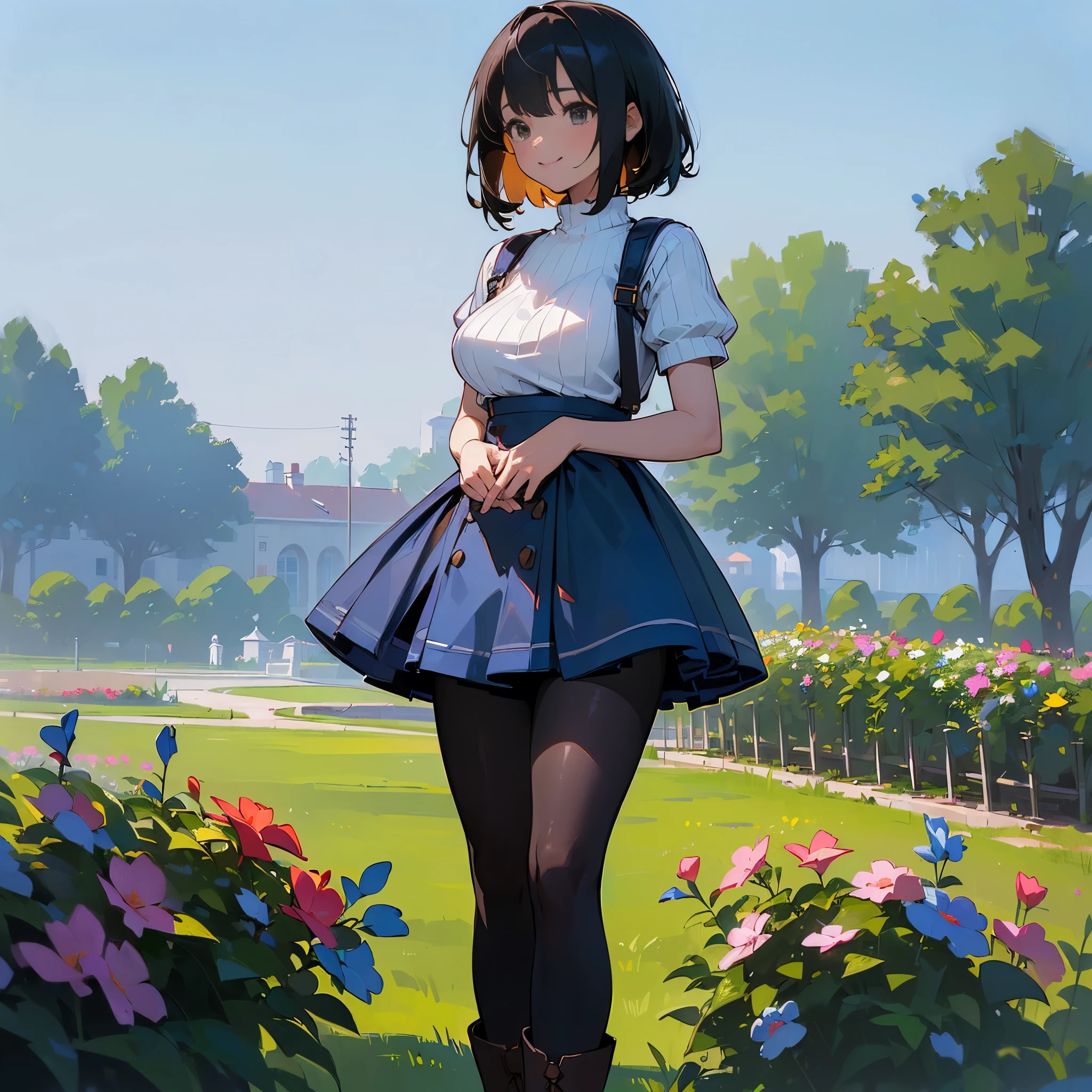 (high quality, High resolution, Very detailed, reality:1.37), Peaceful atmosphere, (Outdoor, garden), girl standing alone, (my breasts are big.), Beautiful detail features, Cute Smile, (Black bob hair), Short sleeve ribbed sweater, Blue Skirt, black tights, Brown boots.