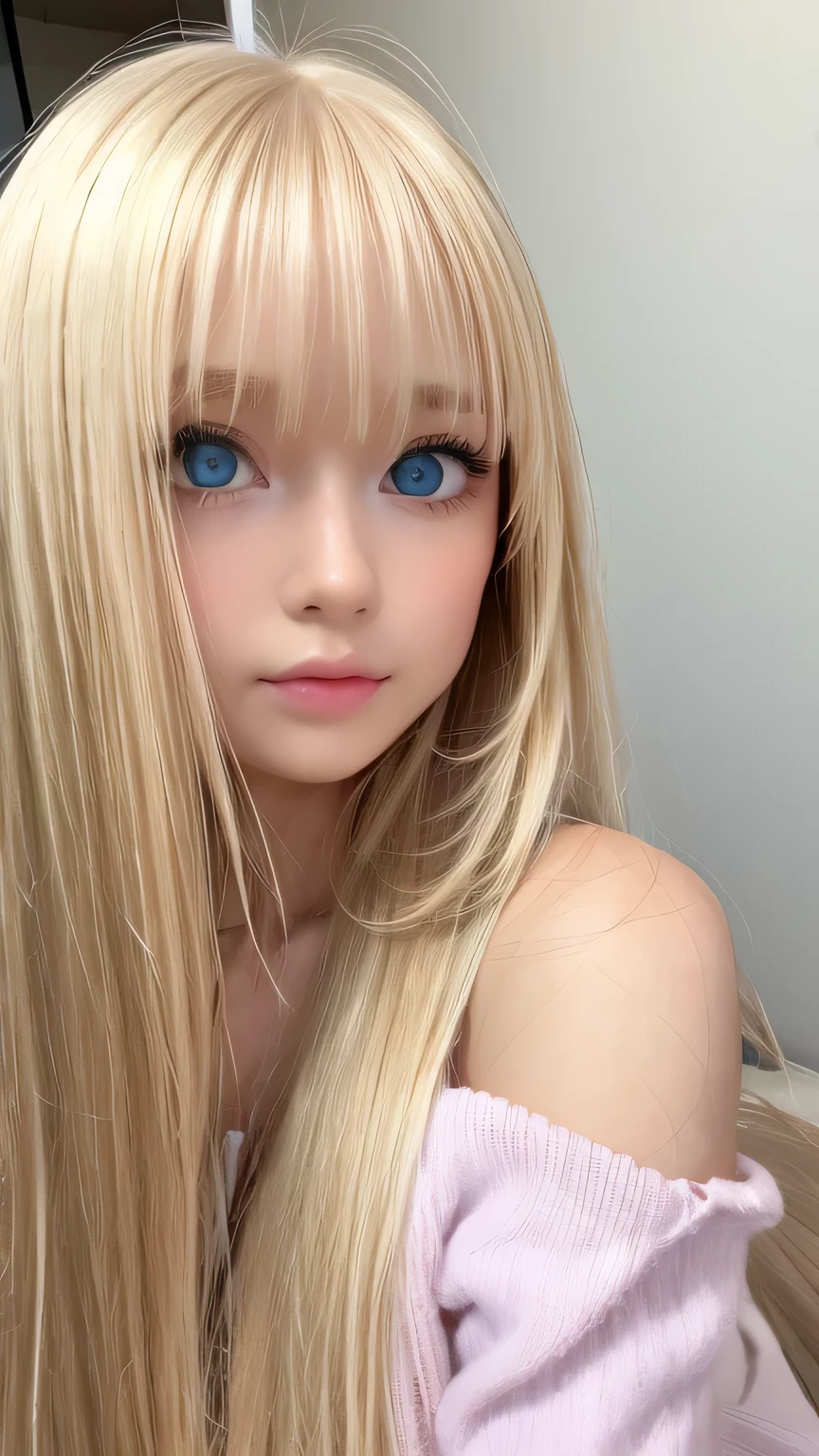 Very beautiful shiny pretty face、Beautiful shiny white skin、Glowing cheek highlight、Beautiful cute sexy pale bright blue eyes、hair over eyes、hair over one eye、hair between eyes、Big double eyelid eyes、Beautiful very long shiny silky pale blonde straight hair、Sexy 15 years old、A cute beautiful girl with long bangs、The most beautiful girls in the world in the West、Round face、Adorable appearance、