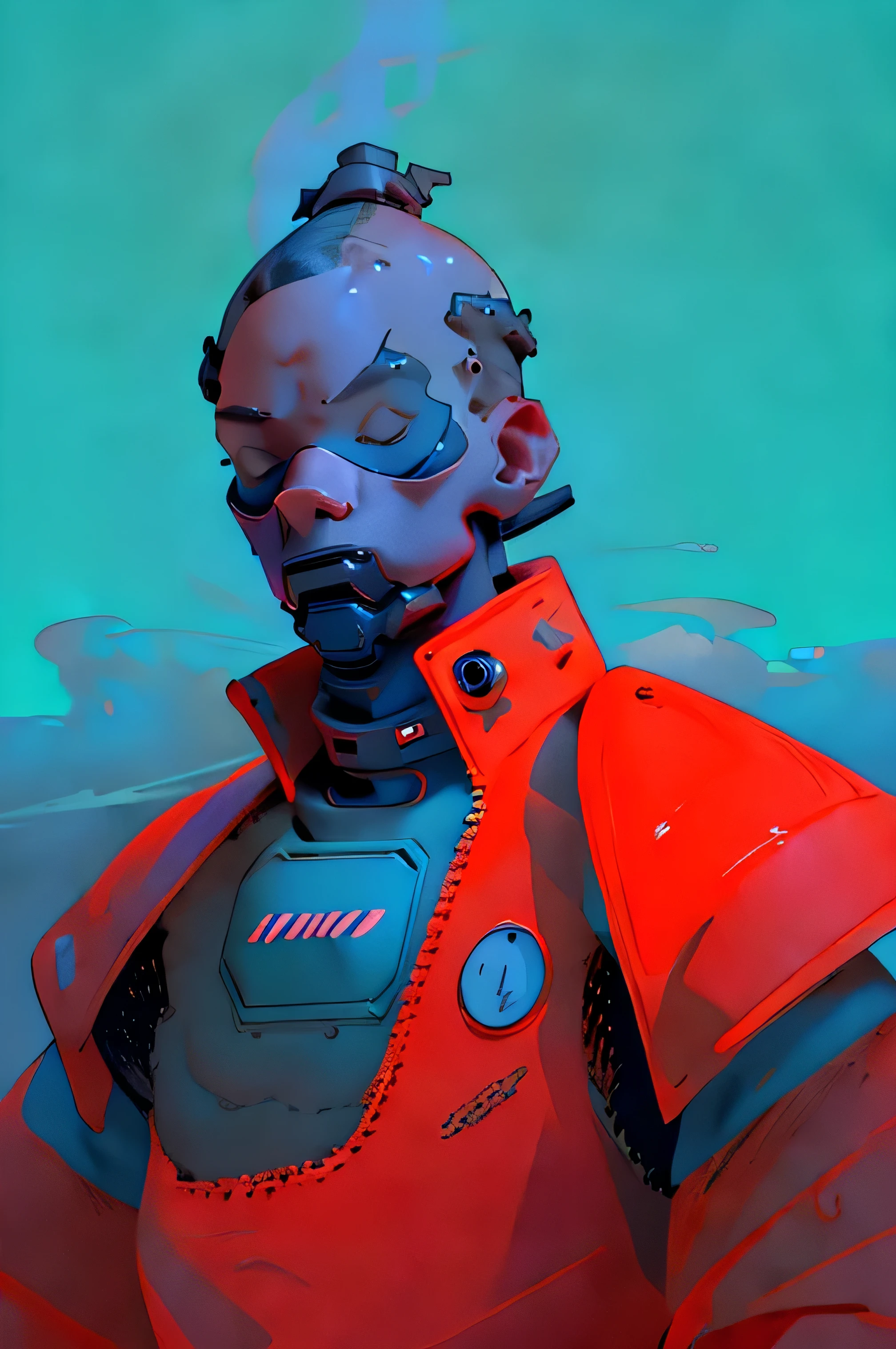 full body image, (ultra detailed,ultra high res,detailed background),((2D)),((flat color)),((muted color)), 1solo, looking at viewer, white hazmat suit, (big red galoshes), plush collar, full body image, square helmet, ((smokey blue cityscape background)), ((apocalyptic city)), entire body in frame, 