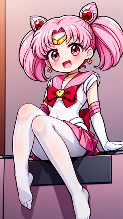 Sailor Moon,young年,Seven years old,cute,(Little ),Pink hair twintails,short hair,Sailor Suit,Red bow,White elbow gloves,Red Skirt,No shoes,Open your mouth,laughing out loud,Fangs,(White pantyhose),soles of feet,Soles,(young),(little man),sit