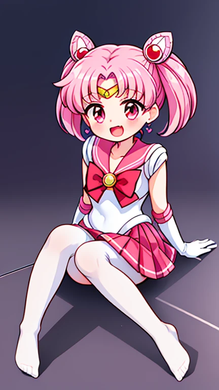 Sailor Moon,young年,Seven years old,cute,(Little Loli),Pink hair twintails,short hair,Sailor Suit,Red bow,White elbow gloves,Red Skirt,No shoes,Open your mouth,laughing out loud,Fangs,(White pantyhose),soles of feet,Soles,(young),(little man),sit