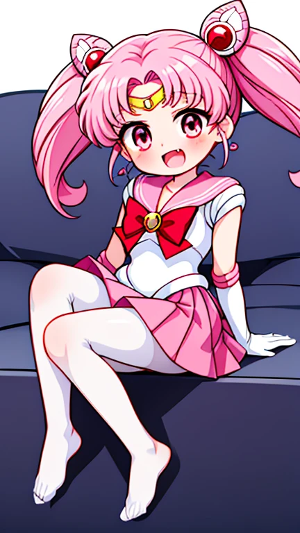 Sailor Moon,young年,Seven years old,cute,(Little Loli),Pink hair twintails,short hair,Sailor Suit,Red bow,White elbow gloves,Red Skirt,No shoes,Open your mouth,laughing out loud,Fangs,(White pantyhose),soles of feet,Soles,(young),(little man),sit