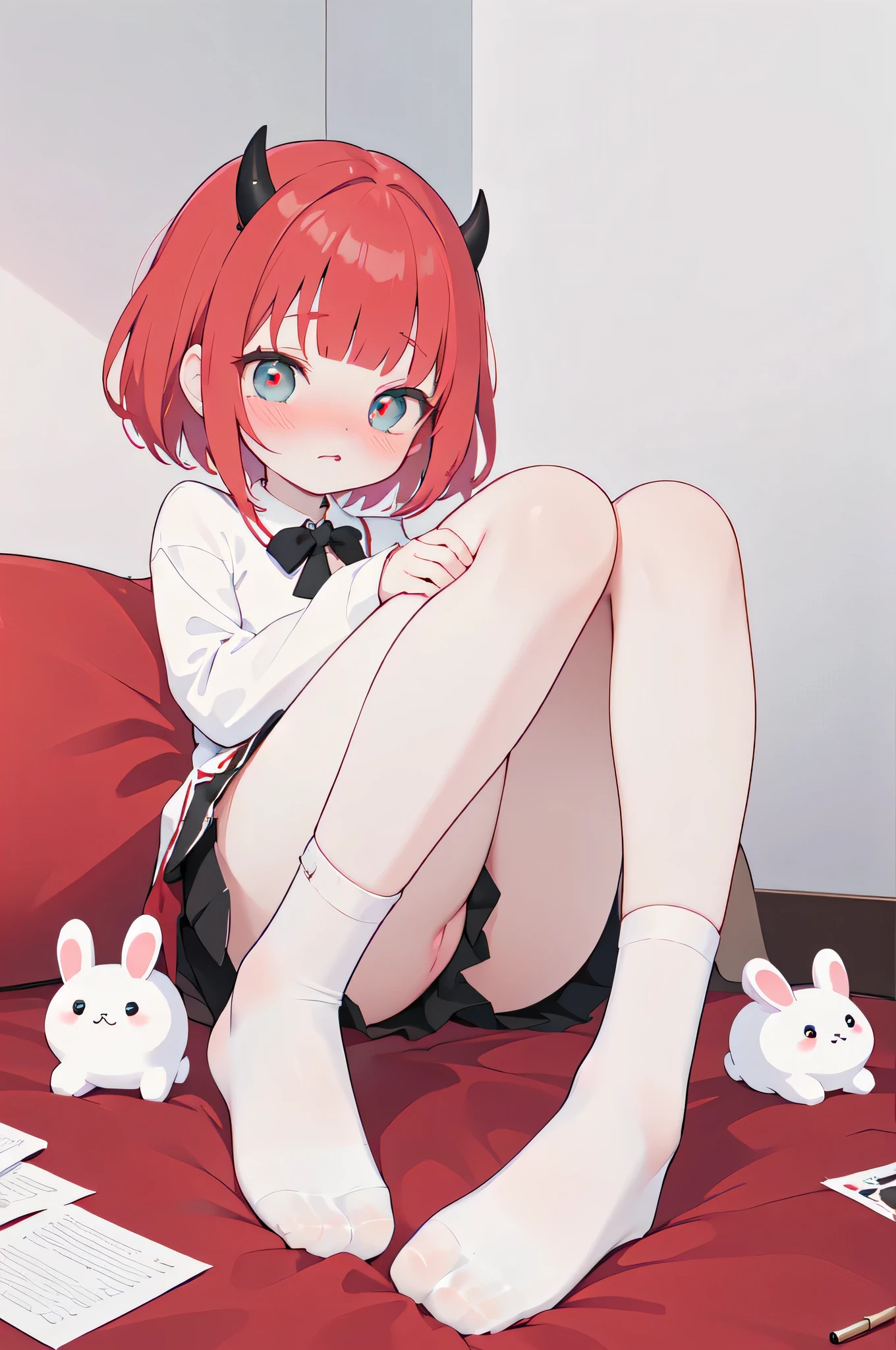 bishoujo, masterpiece,best quality,official art,extremely detailed CG unity 8k wallpaper, short hair, red hair, blunt bangs, aqua eyes, beautiful detailed eyes, nose blush , blush, shy, embarrassed , red eyes, Red pajamas with a bunny pattern on them,estrus,（（（（White leg ring and black leg ring）））），（（（（White socks with black trim）））），One foot is wearing white sneakers and the other foot is bare，demon horns, fetal_position, humiliation, bdsm, virgin,