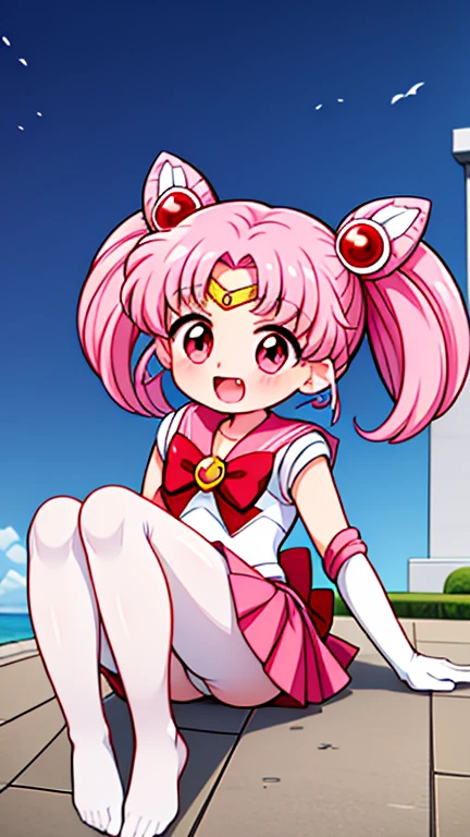 Sailor Moon,young年,Seven years old,cute,(Little Loli),Pink hair twintails,short hair,Sailor Suit,Red bow,White elbow gloves,Red Skirt,No shoes,Open your mouth,laughing out loud,Fangs,(White pantyhose),soles of feet,Soles,(young),(little man),sit