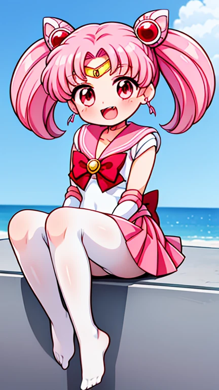 Sailor Moon，young年，Seven years old，cute，（Little ****），Pink hair twintails，short hair，Sailor Suit，Red bow，White elbow gloves，Red Skirt，No shoes，Open your mouth，laughing out loud，Fangs，(White pantyhose),soles of feet，Soles，(young)，(little man)，sit