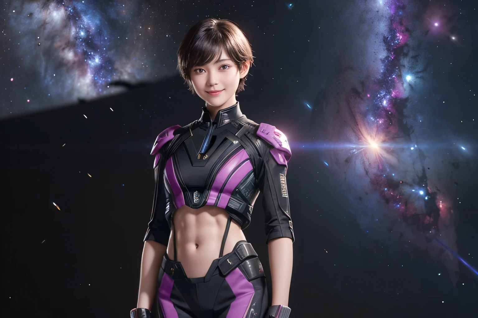214 Short Hair, 20-year-old woman, A kind smile, Floral, Futuristic clothing, machinery suit, ((Clothes that show abs、Clothes with short sleeves)), (The background is a galaxy and nebula)