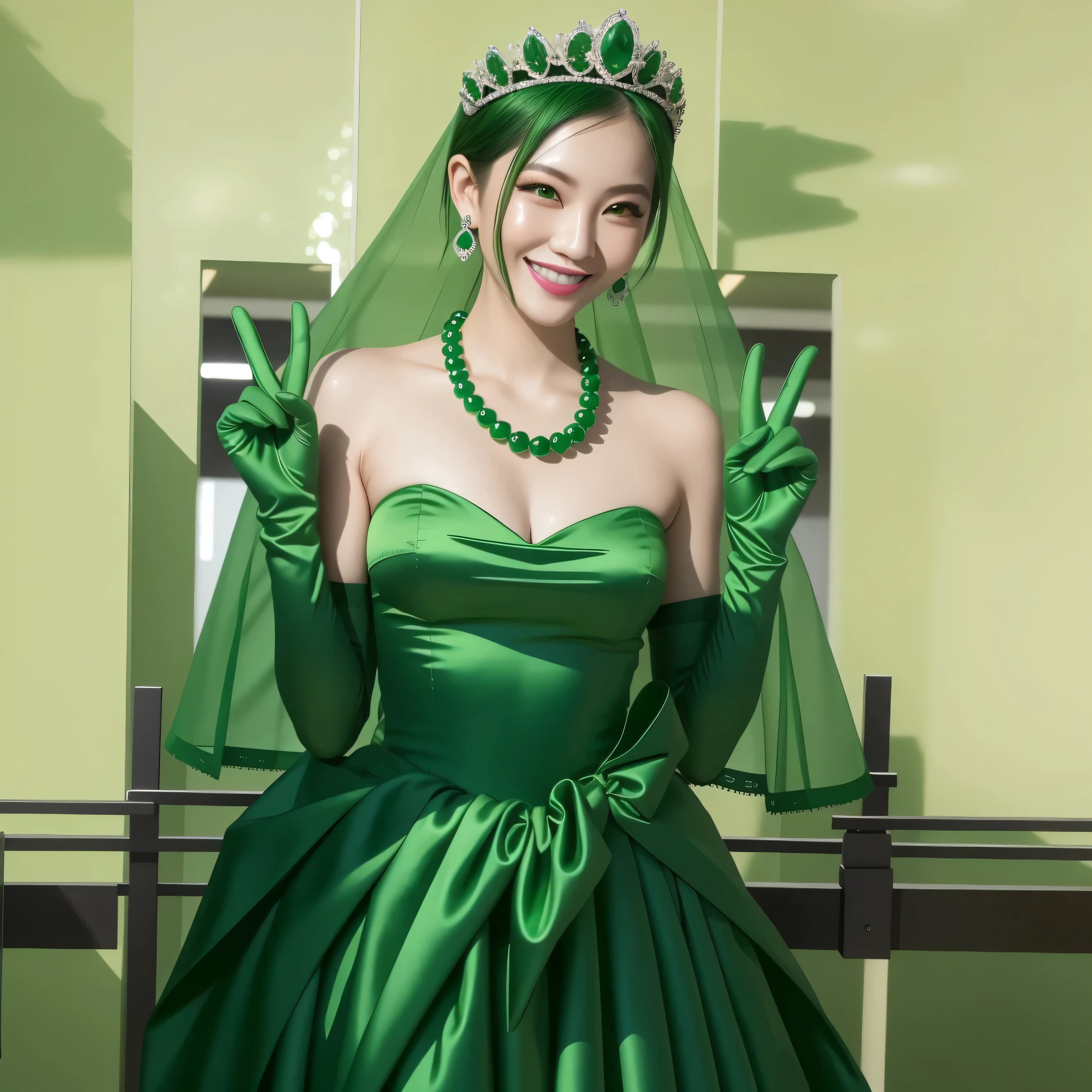 Emerald tiara, Green Pearl Necklace, Boyish Very Short Green Hair, Green Lips, Smiling Japanese woman, Very short hair, Busty beautiful lady, Green Eyes, Green satin long gloves, Green Eyes, emerald earrings, Green veil, Heart with both hands, Green Hair, Beautiful Japanese Woman, v sign, green lip gloss