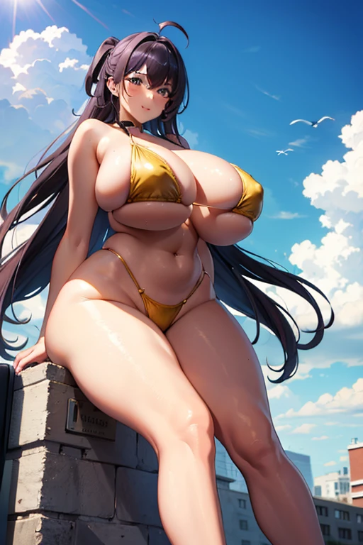 ((1000000 foot tall girlfriend)) masterpiece, high definition, massive legs towering over the city, human goddess, tight bikini, beautiful eyes, curvy thighs, slim waist, tall, massive girl growing, huge girl, giant girl, beautiful girl, underfoot, beautiful huge tits, big breasts, juicy body, anime goddess, wondrous, 4k, giantess, giant girl, big girl, extra large tits