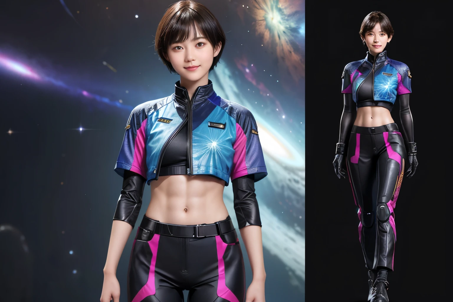 214 Short Hair, 20-year-old woman, A kind smile, Floral, Futuristic clothing, machinery suit, ((Clothes that show abs、Clothes with short sleeves)), (The background is a galaxy and nebula)