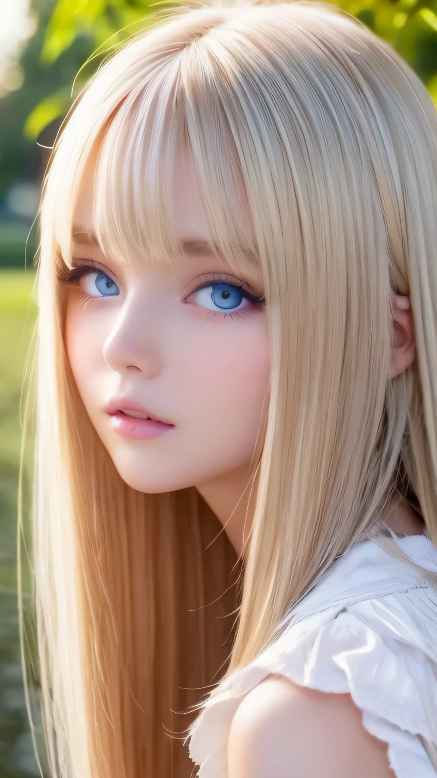Very beautiful shiny pretty face、Beautiful shiny white skin、Glowing cheek highlight、Beautiful cute sexy pale very bright blue eyes、hair over eyes、hair over one eye、hair between eyes、Big double eyelid eyes、Beautiful very long shiny silky pale blonde straight hair、Sexy 、A cute beautiful girl with long bangs over her eyes、The most beautiful girls in the world in the West、Round face、Adorable appearance、
