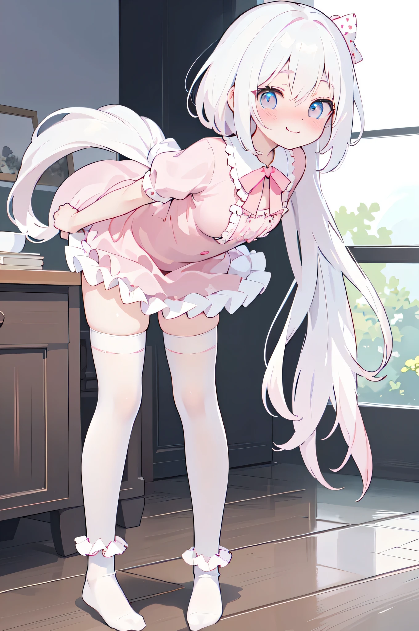 full-body shot,stand,masterpiece,best quality,official art,extremely detailed CG unity 8k wallpaper, bishoujo, white hair, hair strand, seductive smile, nose blush , shy, embarrassed , blush, cute face, aqua eyes, beautiful detailed eyes, pink eyes, small breasts, between breasts, breasts apart, hanging breasts, bouncing breasts, Light pink pajamas with patterns on them，((white frilled thighhighs socks)), ((No shoes)),The socks are transparent,arched_back, bent_over,