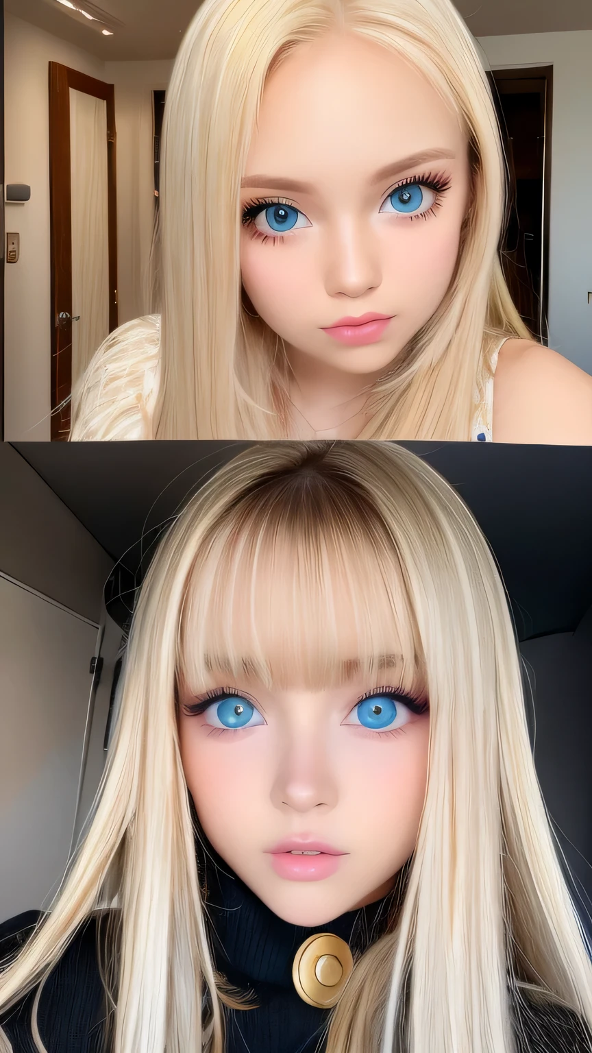 Very beautiful shiny pretty face、Beautiful shiny white skin、Glowing cheek highlight、Beautiful cute sexy pale very bright blue eyes、hair over eyes、hair over one eye、hair between eyes、Big double eyelid eyes、Beautiful very long shiny silky pale blonde straight hair、Sexy 、A cute beautiful girl with long bangs over her eyes、The most beautiful girls in the world in the West、Round face、Adorable appearance、