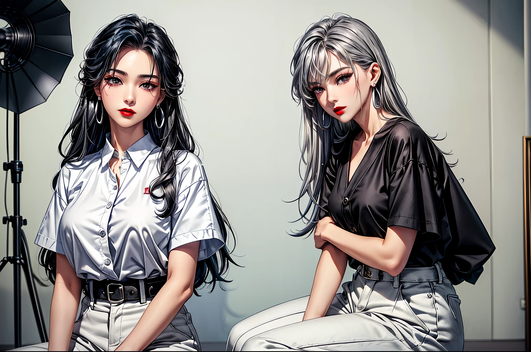 Top quality、Top image quality、Masterpiece、Teenage Girl((White shirt、Black trousers、18 years old、 Ajer、best bust、Big bast,black eyes, Blue Hair、A slender,Oyama Valley、Red lipstick makeup、Cute earrings、Silver Watch、Chest together、sit up、Create a captivating pose eyeshadow for your eyes)),high quality、Beautiful Art、background with((White Wall、Photography Studio))Masterpiece、Depth of Field,Camera Film Style