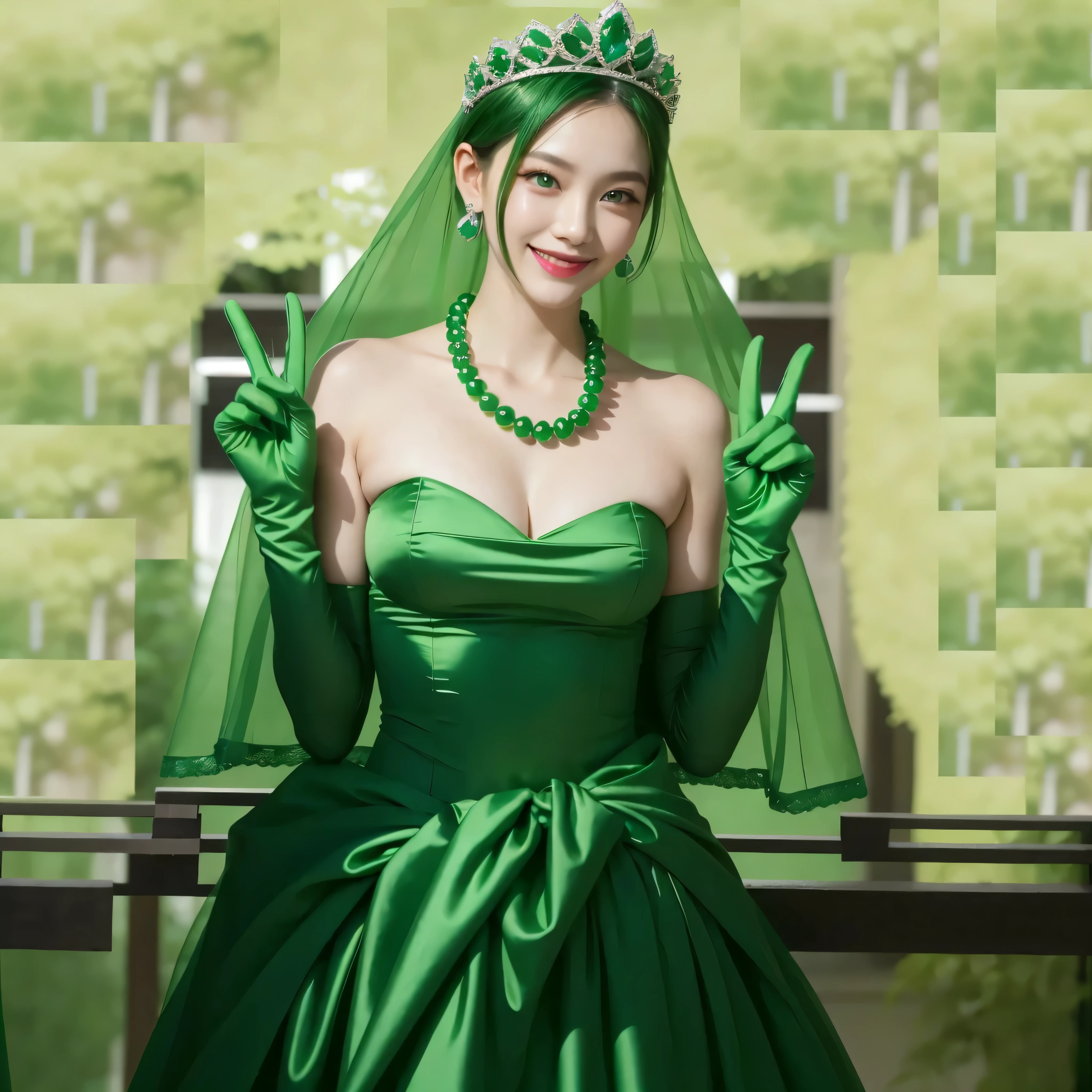 Emerald tiara, Green Pearl Necklace, Boyish Very Short Green Hair, Green Lips, Smiling Japanese woman, Very short hair, Busty beautiful lady, Green Eyes, Green satin gloves, Green Eyes, emerald earrings, Green veil, Heart with both hands, Green Hair, Beautiful Japanese Woman, Heart shaped hands:1.3, green lip gloss
