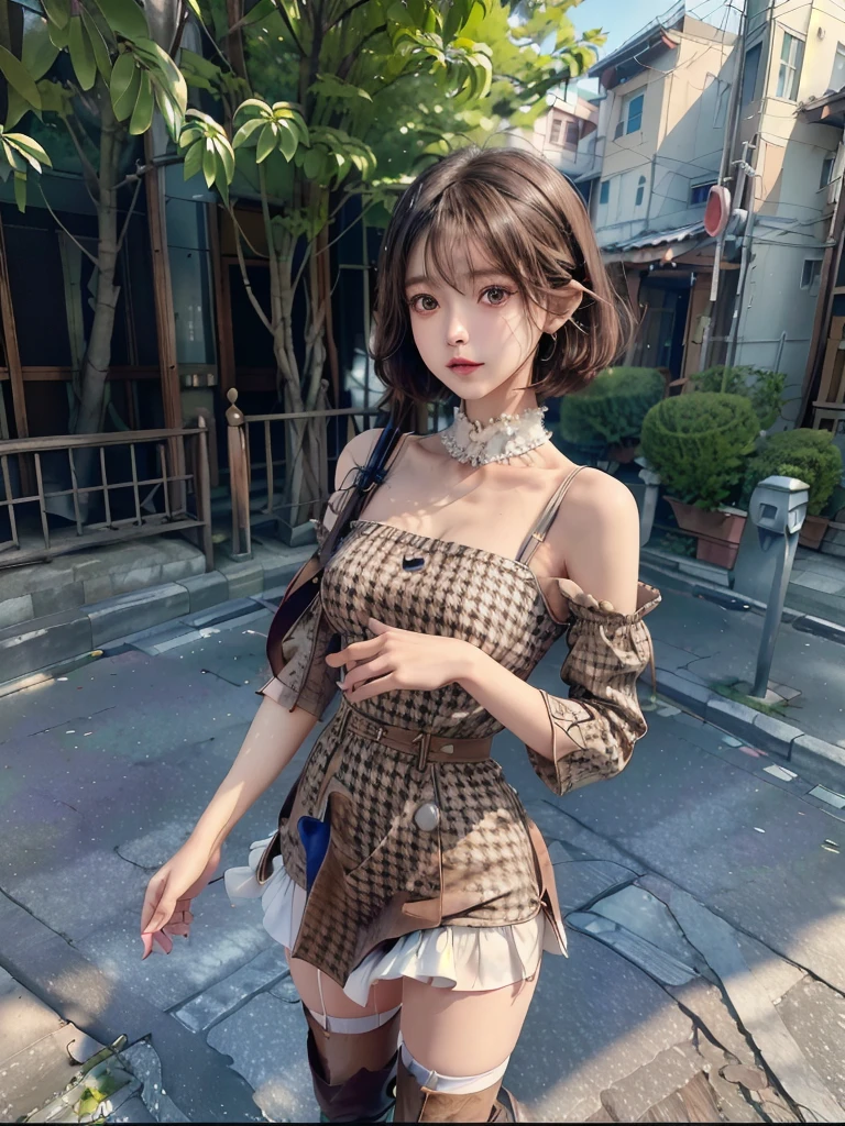 Standing in front of the viewer、masterpiece、Very detailed、Surreal、Watercolor and ink painting、high waist、Brown and dark brown houndstooth A-line dress、Dark piping、Puff sleeves、Super detailed、super beautiful、white straight short hair、Knee-high boots、Young woman dancing wearing、lean muscular body、Perfect Eyes Eyes