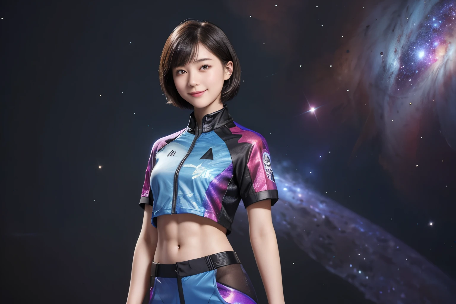 214 Short Hair, 20-year-old woman, A kind smile, Floral, Futuristic clothing, machinery suit, ((Clothes that show abs、Clothes with short sleeves)), (The background is a galaxy and nebula)