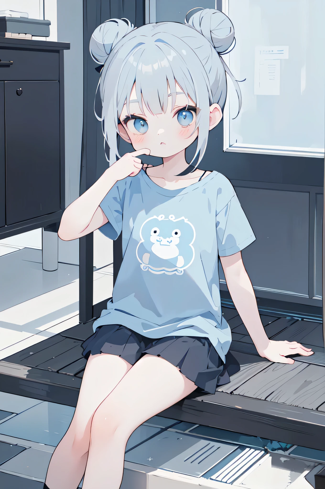 Blue-gray hair，double_bun, Zhongfa，squinting eyes，kawaii，beautiful girl，Blue grey shirt，Gray black leg strap，do the splits