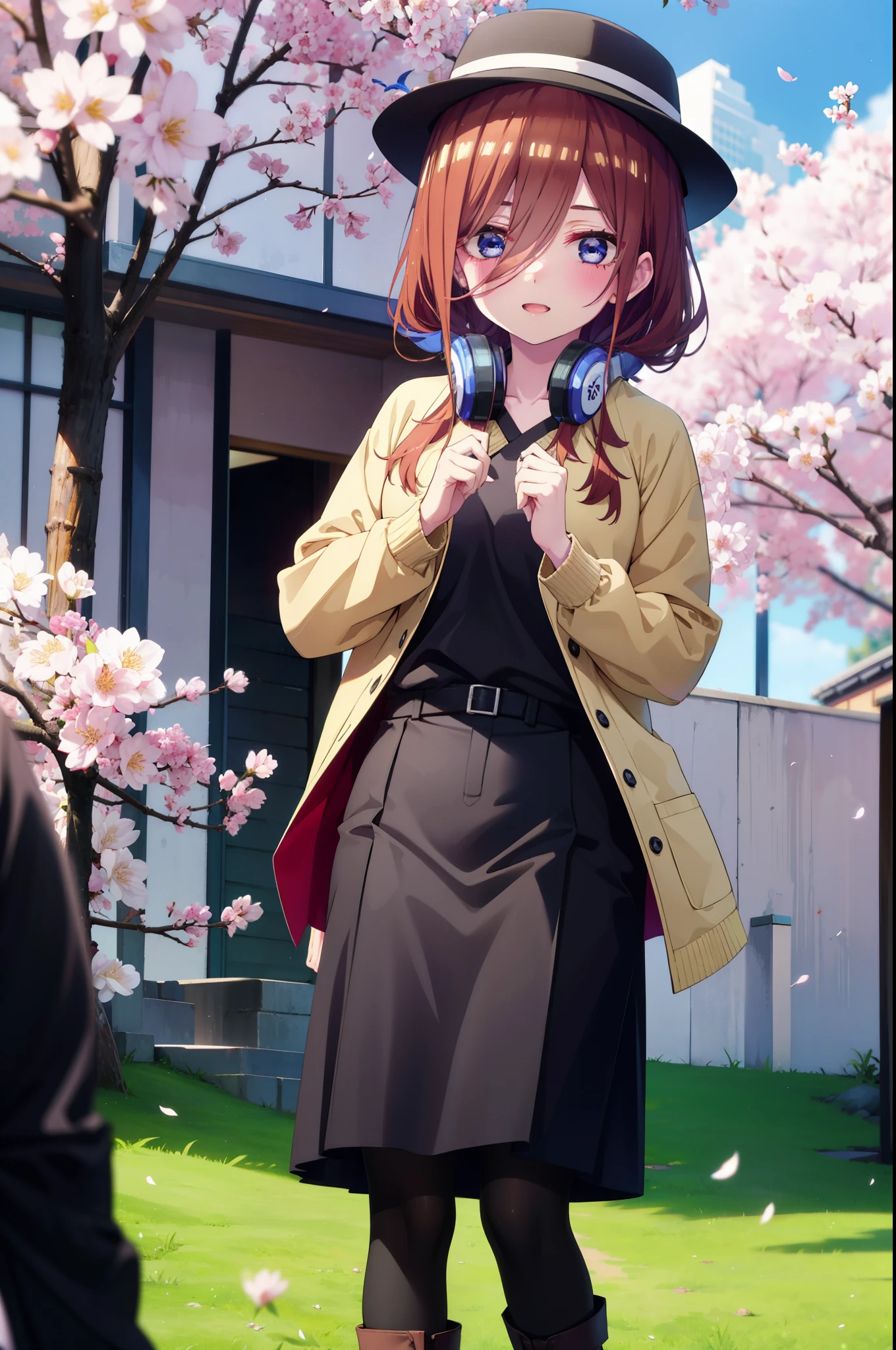 Miku Nakano, Miku Nakano, Long Hair, bangs, blue eyes, brown hair, shirt, Hair between the eyes, smile,blush,Open your mouth,Headphones around neck,オーバサイズチェック柄shirt,Shorts,Black pantyhose,Hunting Hat,short boots,Cherry blossoms are blooming,Cherry blossoms are scattered,Cherry blossom tree-lined path,whole bodyがイラストに入るように,
break outdoors, garden,
break looking at viewer,whole body, (Cowboy Shot:1. 5)
break (masterpiece:1.2), highest quality, High resolution, unity 8k wallpaper, (figure:0.8), (Beautiful fine details:1.6), Highly detailed face, Perfect lighting, Highly detailed CG, (Perfect hands, Perfect Anatomy),