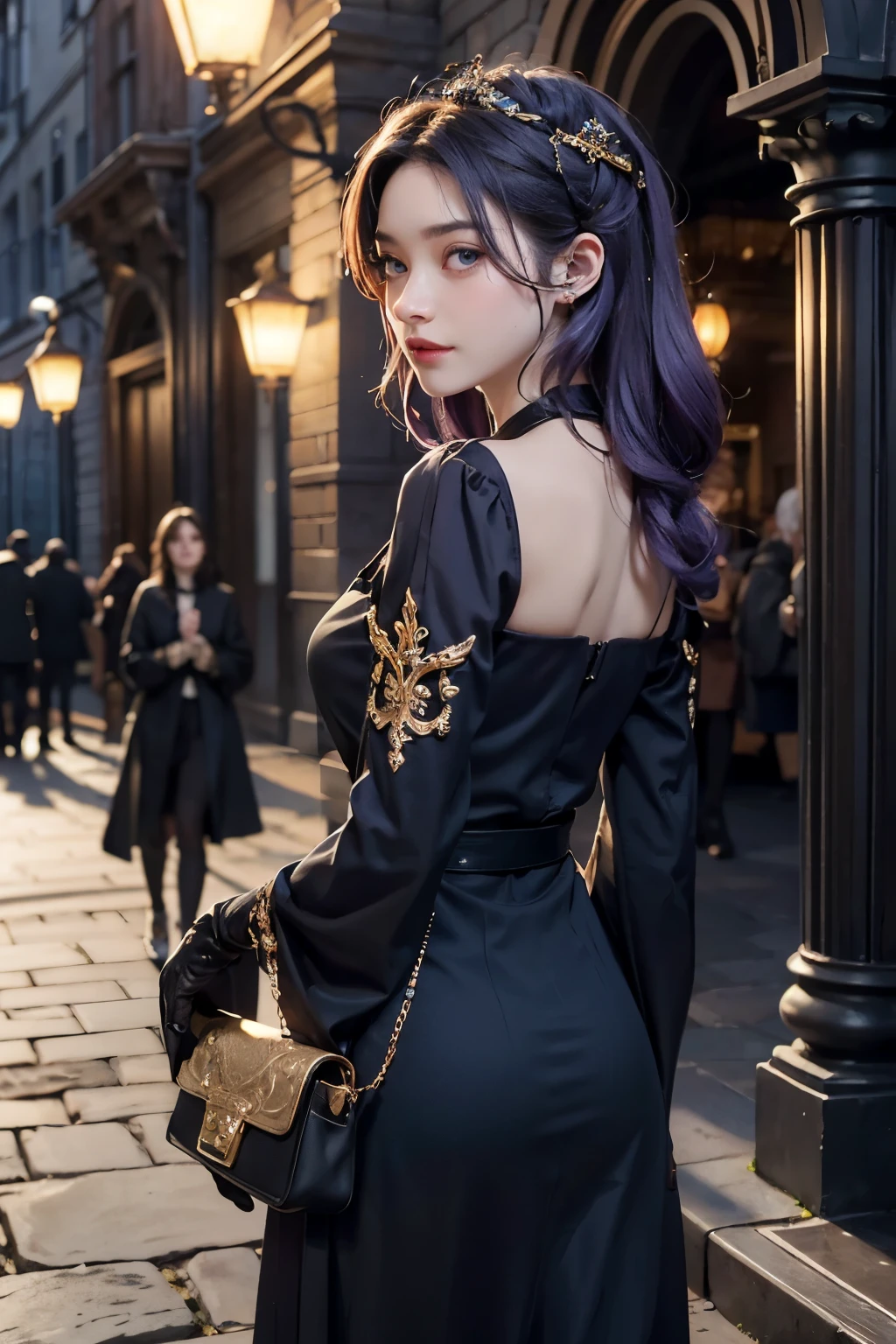 ((best quality)), ((masterpiece)), (detailed), portrait of Elara, a young woman with a mane of vibrant purple hair cascading down her back, her eyes sparkling with a euphoric wonder. She stands in the heart of a bustling gothic marketplace, bathed in the warm glow of ornate lanterns. Cobblestone streets twist and turn beneath towering buildings adorned with intricate carvings, not gargoyles. Steam billows from cauldrons bubbling with unknown concoctions, their scents mingling with the heady aroma of exotic spices. Elara is clad in a flowing, full-length robe of a deep, luxurious purple, the fabric shimmering with an almost otherworldly iridescence. Embroidered along the hem and sleeves are intricate alchemical symbols that seem to glow faintly. A satchel overflowing with vials and strange tools hangs from her shoulder. On her gloved hand, a small, caged raven chirps inquisitively. Render the scene in a detailed, gothic fantasy style, but with a focus on the warm and inviting light of the marketplace. Capture Elara's ecstatic expression and graceful pose, emphasizing the sense of wonder and belonging she feels in this magical world.
