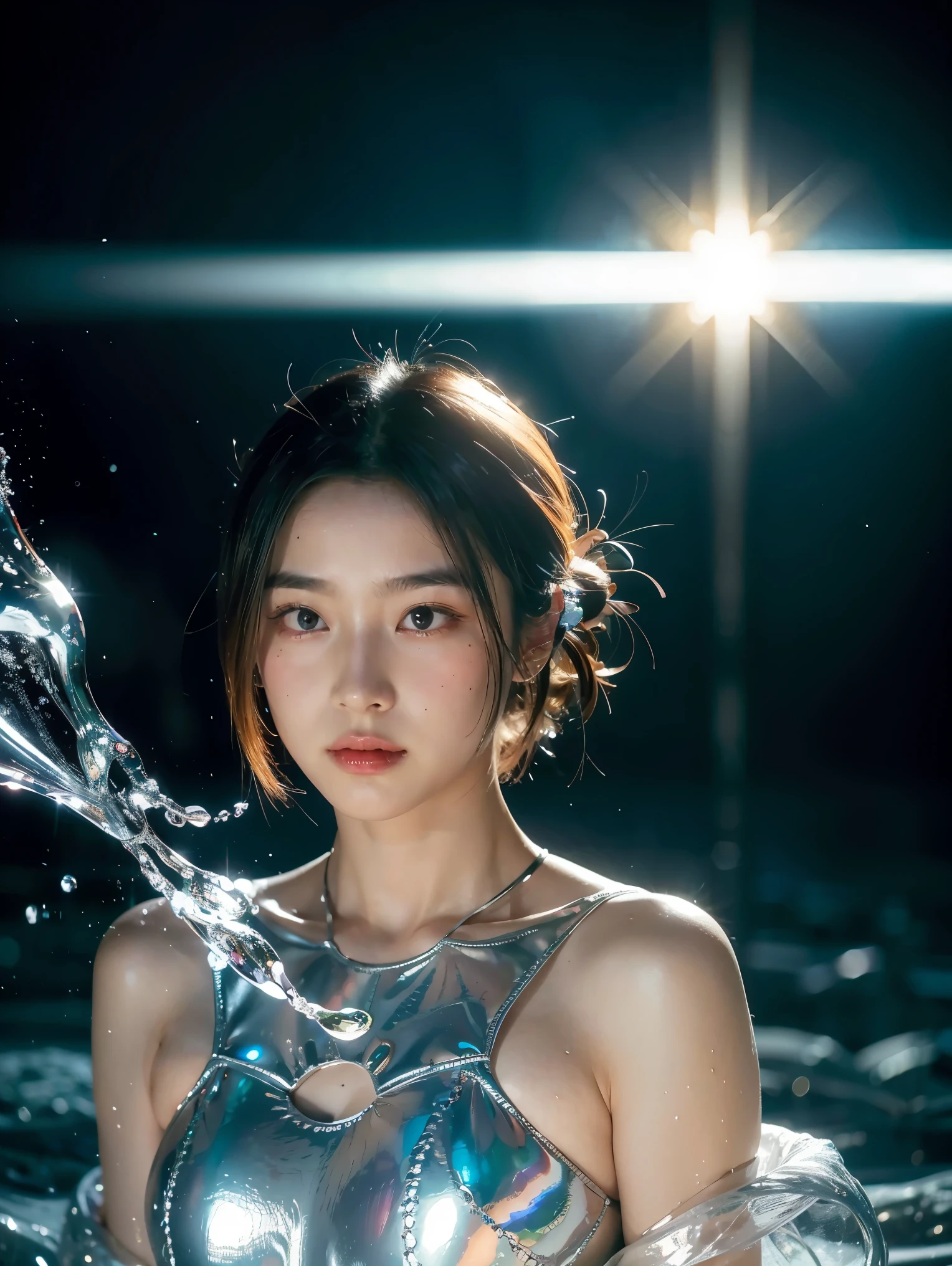 best quality, masterpiece, realistic, 1girl, goddess, messy [updo|hanging] hair, (full body:0.6), solo, (full body:0.6), looking down, detailed background, detailed face, Sc3pt4, sci-fi theme:1.1), mercury-wizard, melancholic, surrounded by waves of iridescent silver, alchemical imagery, reflections, silver-colored fluid, metallic sheen, shiny, dynamic pose, fluid movement, floating particles, droplets of mercury, flowing metal, blending mercury, foreign planet in background, dripping mercury formations, volumetric lighting, cinematic atmosphere, sharp details, high detail skin, realistic skin texture, perfect eyes