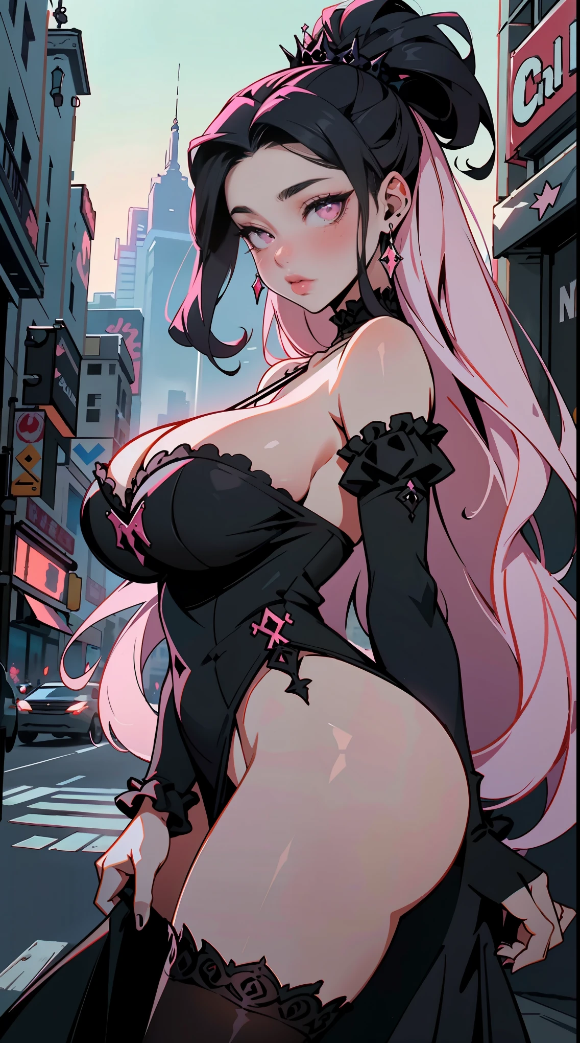 (La mejor calidad) (obra maestra ) Cara perfecta. kawaii & Siniestra princesa belleza joven en la ciudad de Nueva York.
huge , gothic girl wearing pink and black