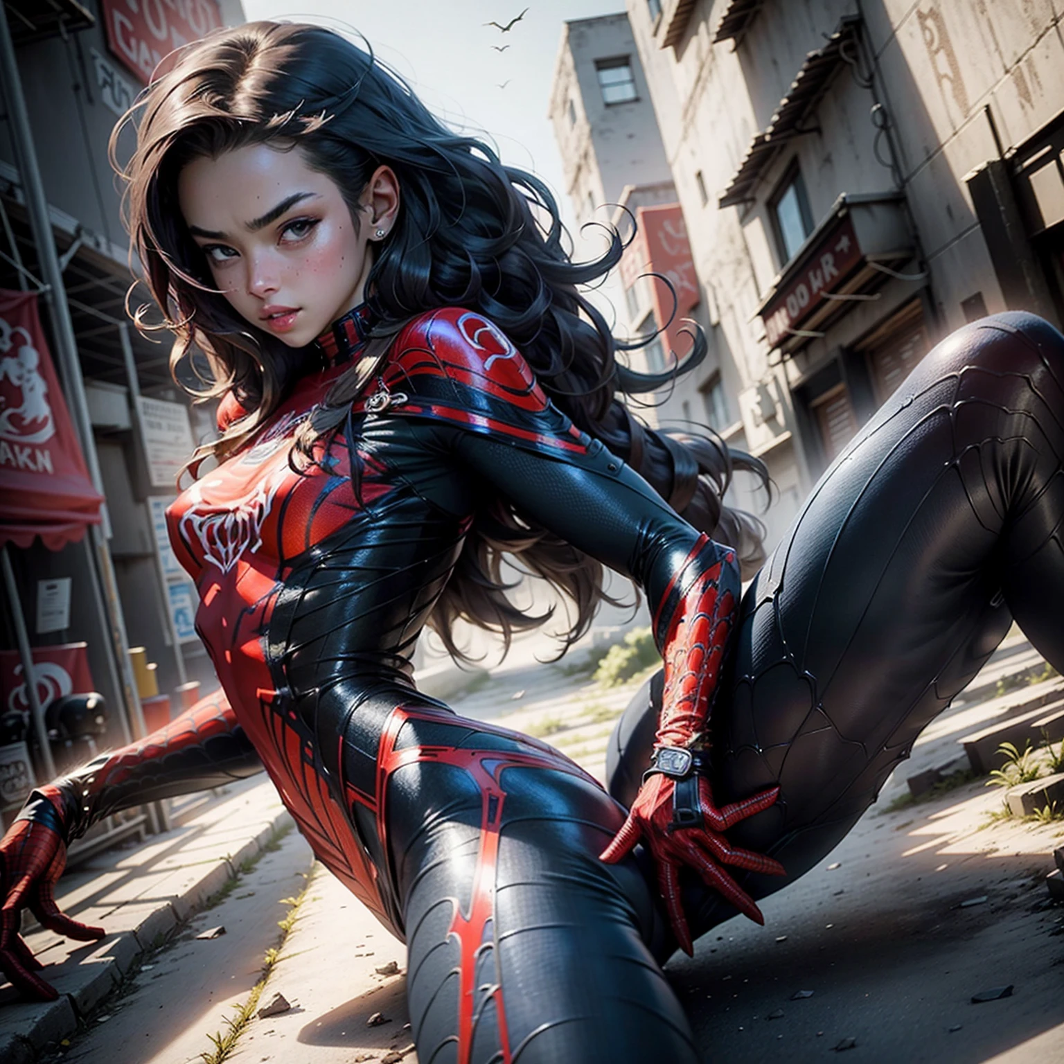 Beautiful woman detailed defined body using spider man cosplay, small breasts