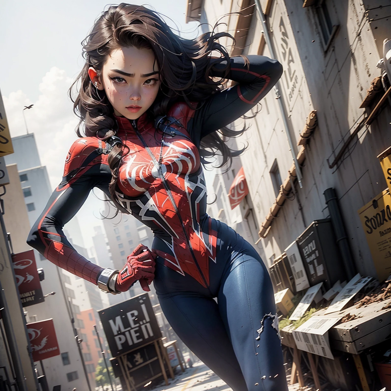Beautiful woman detailed defined body using spider man cosplay, small breasts