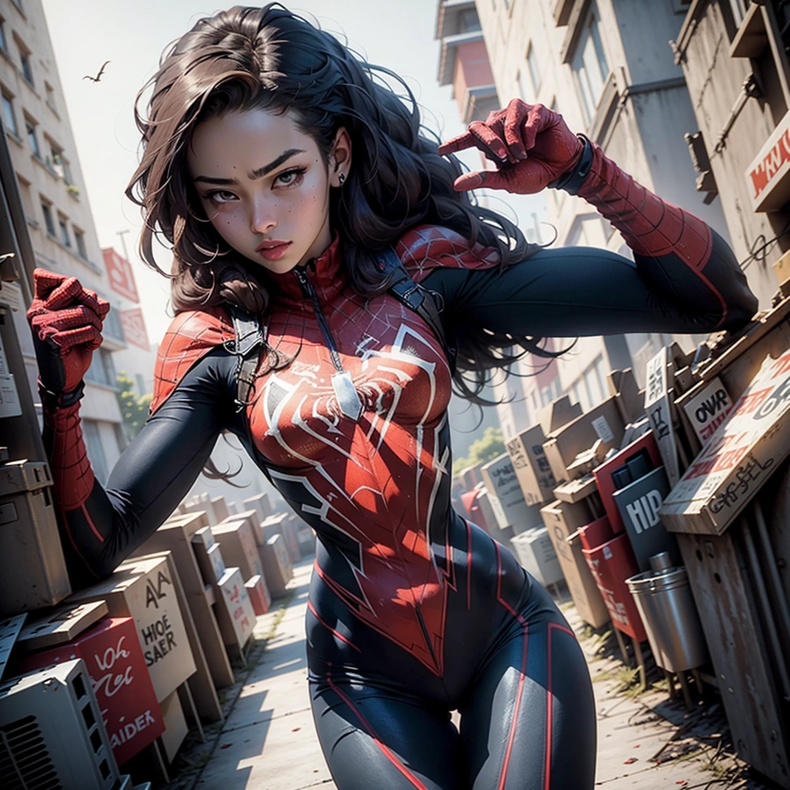Beautiful woman detailed defined body using spider man cosplay, small breasts