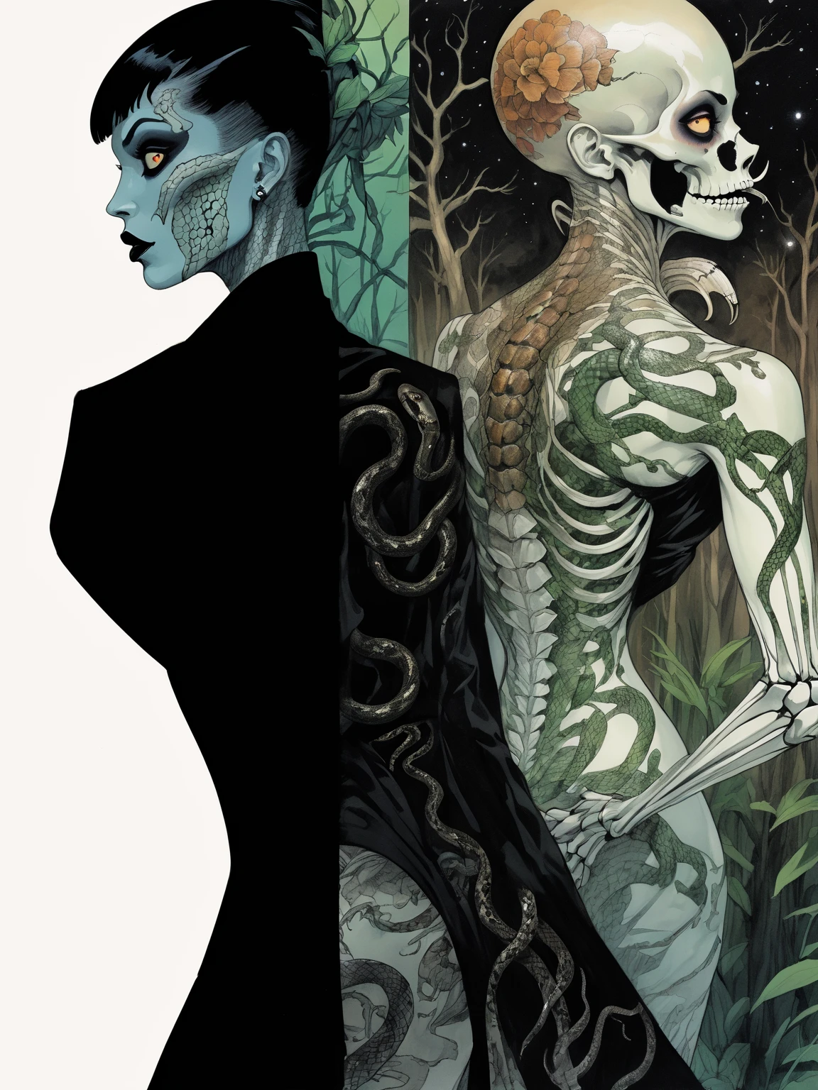 Medusa, splash page decompressed comic cover art, ink style figure,((expressive Joelle Jones and "Sean Gordon Murphy" comic drawing)), wordless, cinematic poster, double exposure, optical illusion, image within image, abyss void black no visibility darkness, full length portrait, (background, pine barrens, entropy, rewilding, magic hour sunset, galaxy stars, cosmos), (horror, abstract, surreal, body, cosmic), candid, snake skin dress, body anatomy drawn Frederic Delavier musculature anatomical illustration, (face, ornate black metal corpse paint, resembles Grace Jones), (body, Naga, snakefolk, lower body snake tail, snake woman hybrid, bald, hairless, skeleton, snake skin tattoos, piercing eyes, snake pupils, over the shoulder), (colors, bleak muted deep fiery radiant glowing ROYGBIV, forest green, earth brown), craftsmanship nuance, (Gerardo Zaffino charcoal), subliminal orchids, nyctophobia, silhouette