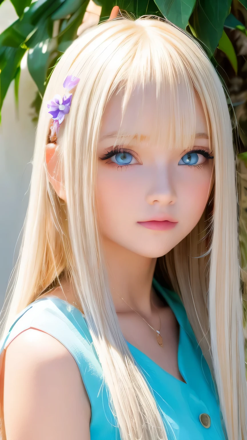 Very beautiful shiny pretty face、Beautiful shiny white skin、Glowing cheek highlight、Beautiful cute sexy pale bright blue eyes、hair over eyes、hair over one eye、hair between eyes、Big double eyelid eyes、Beautiful very long shiny silky pale blonde straight hair、Sexy 15 years old、A cute beautiful girl with long bangs、The most beautiful girls in the world in the West、Round face、Adorable appearance、