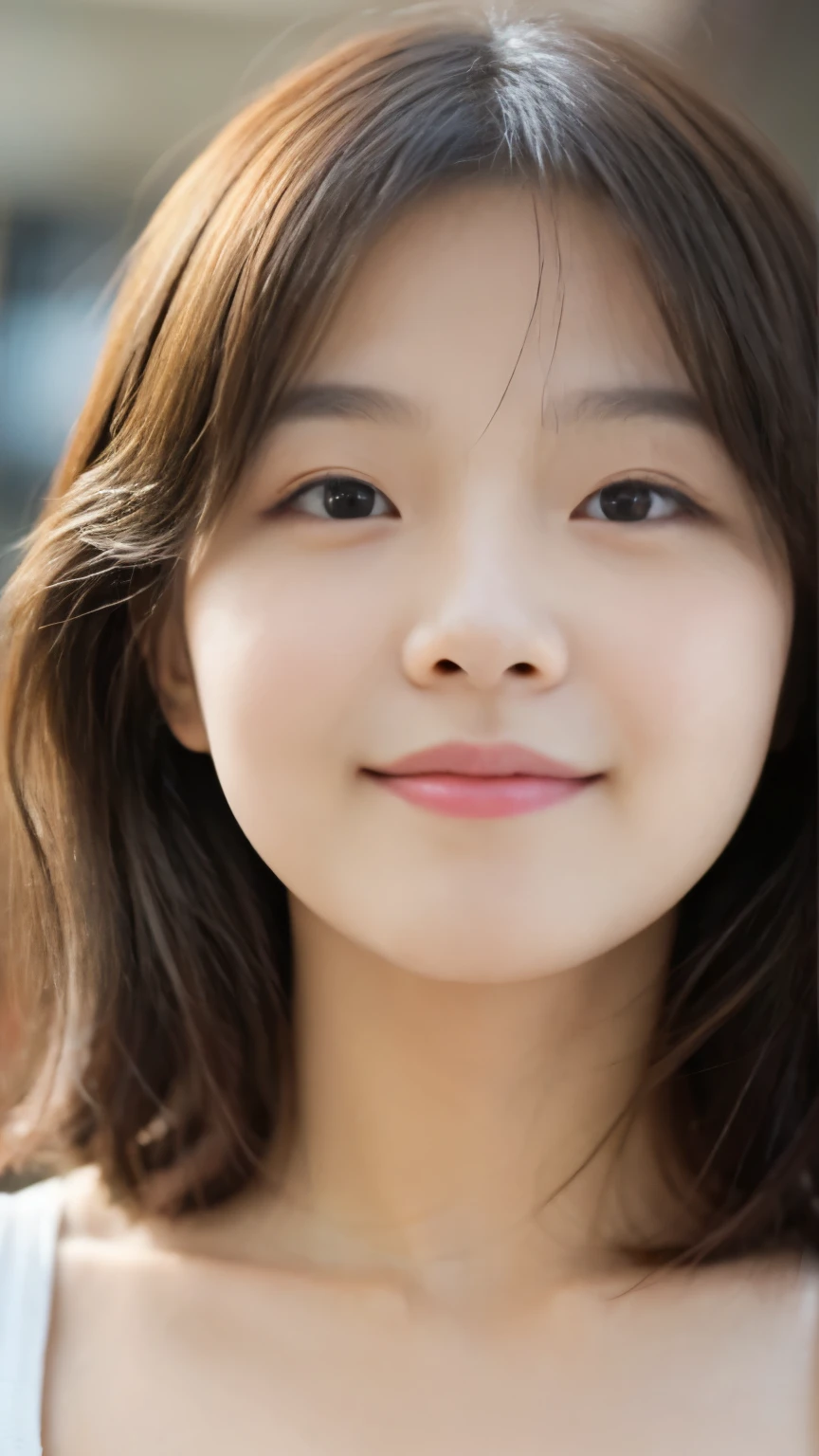 incredibly absurd, beautiful and cute 20-year-old Korean girl with a photorealistic face, showcasing top-quality craftsmanship. Her slender frame adorned with short, messy hair. The artwork high-resolution, allowing for ultra-detailed features to be captured flawlessly. The focus lies on the realistic pupils, showcasing depth and emotion. ((breasts out)) cute smile.
