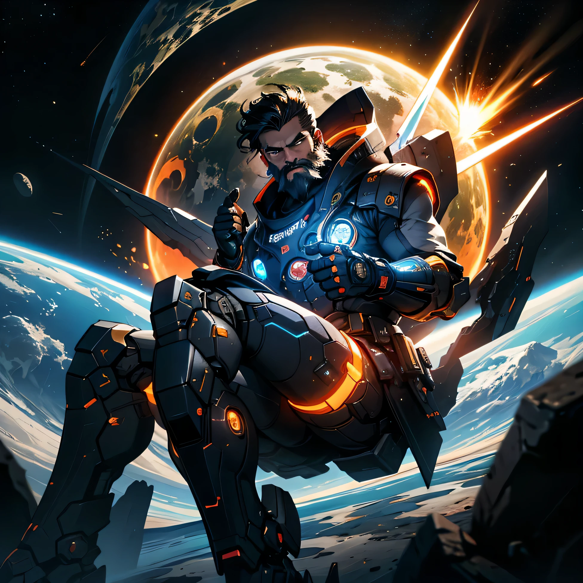 Drawing of a young programmer, Sitting on a research platform floating in the middle of the asteroid belt. He is studying with a notebook., Surrounded by several asteroids emitting fiery rings. Dramatic lights from distant stars and planets illuminate the scene, Casting a deep shadow on the suit. The young man looks confident and determined., Look at the vast and mysterious universe with wonder and awe,beard, Cowboy shooting,