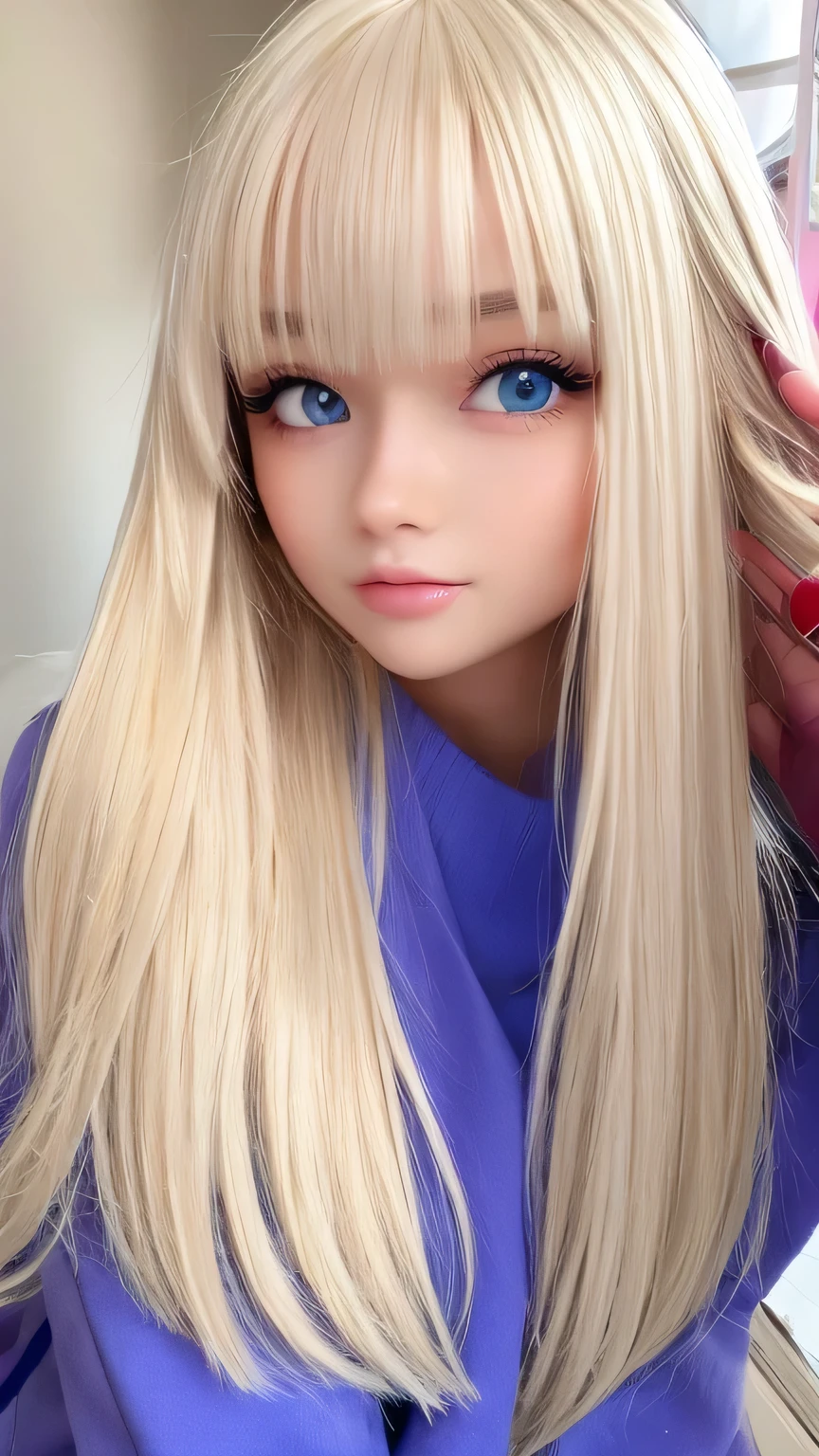 Very beautiful shiny pretty face、Beautiful shiny white skin、Glowing cheek highlight、Beautiful cute sexy pale bright blue eyes、hair over eyes、hair over one eye、hair between eyes、Big double eyelid eyes、Beautiful very long shiny silky pale blonde straight hair、Sexy 15 years old、A cute beautiful girl with long bangs、The most beautiful girls in the world in the West、Round face、Adorable appearance、