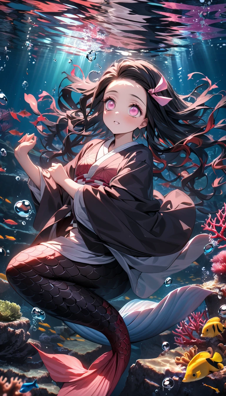 absurdres, highres, ultra detailed, HDR, masterpiece, extremely detailed face and eyes, Kamado Nezuko, expressive pink eyes, Kimetsu No Yaiba, solo, mermaid, extremely beautiful, girl, underwater, coral, fish, bubbles