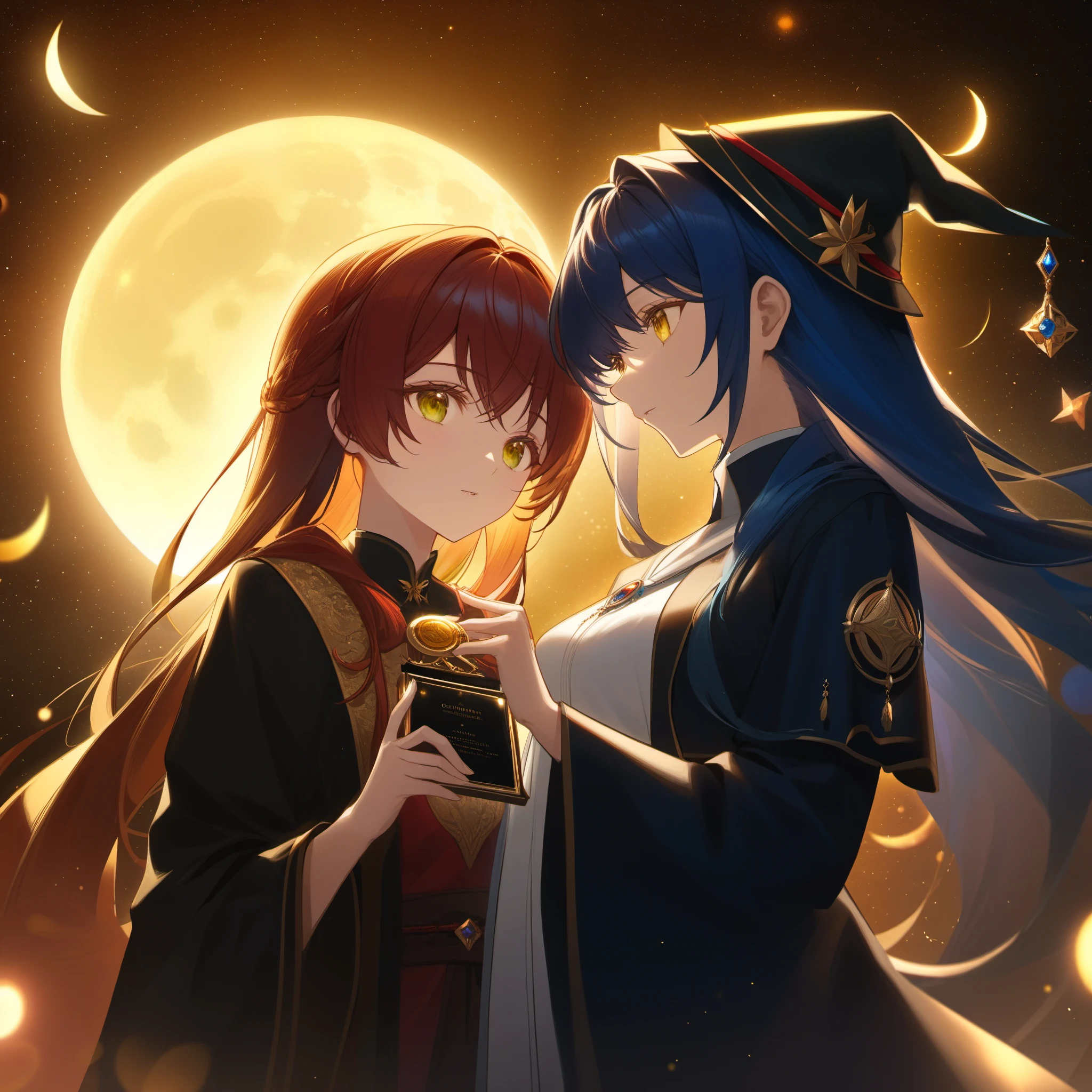 1 witch, young sister taste, amber semi long hair, rubby eyes, small breasts, wearing black robe, looking up to moon, midnight, pale magic light, illusory scene, holy, impressive (((fantasy))), 32k, ((masterpiece, best quality, ultra-detailed, an extremely delicate and beautiful)), ((extremely detailed CG unity 8k wallpaper)), ((award winning, ccurate, UHD, textured skin, chromatic aberration, perfect anatomy, golden ratio)), (concept art), (exquisite attention to detail), ((perfect_composition, perfect_design, perfect_layout, perfect_detail, ultra_detailed)), ((aesthetic harmony))
