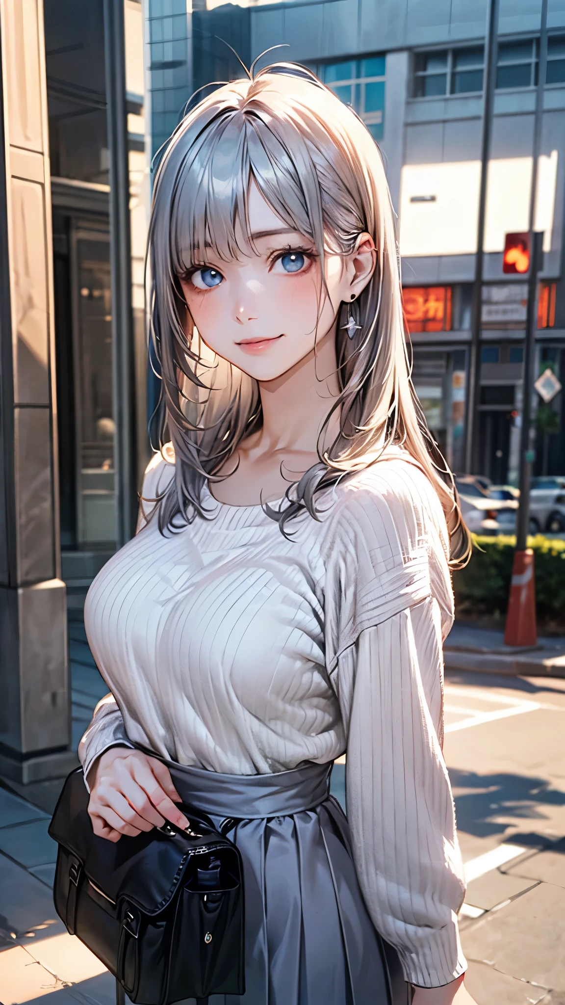 (masterpiece:1.2, top-quality), (realistic, photorealistic:1.4), beautiful illustration, (natural side lighting, movie lighting), ,
looking at viewer, (face focus, upper body), cowboy shot, 1 girl, japanese, high school girl, perfect face, (perfect anatomy:1.4), cute and symmetrical face, white skin, shiny skin,
(long hair:1.2, straight hair:1.2, silver hair), bangs, blue eyes, big eyes, long eye lasher, (large breasts), slender,
beautiful hair, beautiful face, beautiful detailed eyes, beautiful clavicle, beautiful body, beautiful chest, beautiful thigh, beautiful legs, beautiful hands,
(detailed cloth texture, (pastel colors), parl-white sweater, rose-grey long skirt, black shoulder bag),
(beautiful scenery), winter, evening, (downtown), walking, (seductive smile, upper eyes),