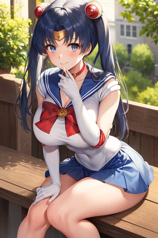 masterpiece, best quality, beautiful art, high resolution, well formed hands, body and fingers, 1 woman, solo, Mata Hari, adult, big breasted, cleavage , full body, wearing a Sailor Moon outfit, bluehair, blue eyes, gorgeous legs and thighs, sexy sailor senshi uniform, sailor collar, blue skirt, pigtails, elbow gloves, ,skirt lifted by the wind, white leotard peeking, she is sit down in a chair, taking classes and paying attention, she takes notes on her notebook, smiling joyfully, school environment 