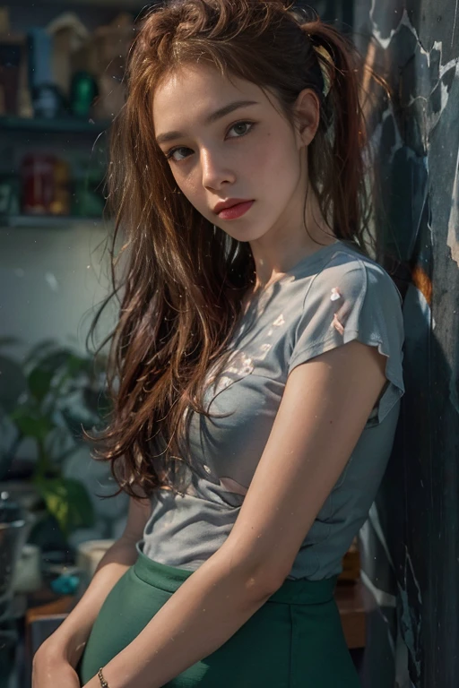 (8k, RAW photo, highest quality),(epic realistic:1.5), a girl, dynamic posture,erotic face,shirt,(detailed eyes:0.8),(looking at the camera:1.4), (highest quality), (best shadow),intricate details,cinematic,((skin:1.4)),interior, (long ponytail ginger hair:1.3),dark studio,(hdr:1.5),detailed, muted colors, freckles