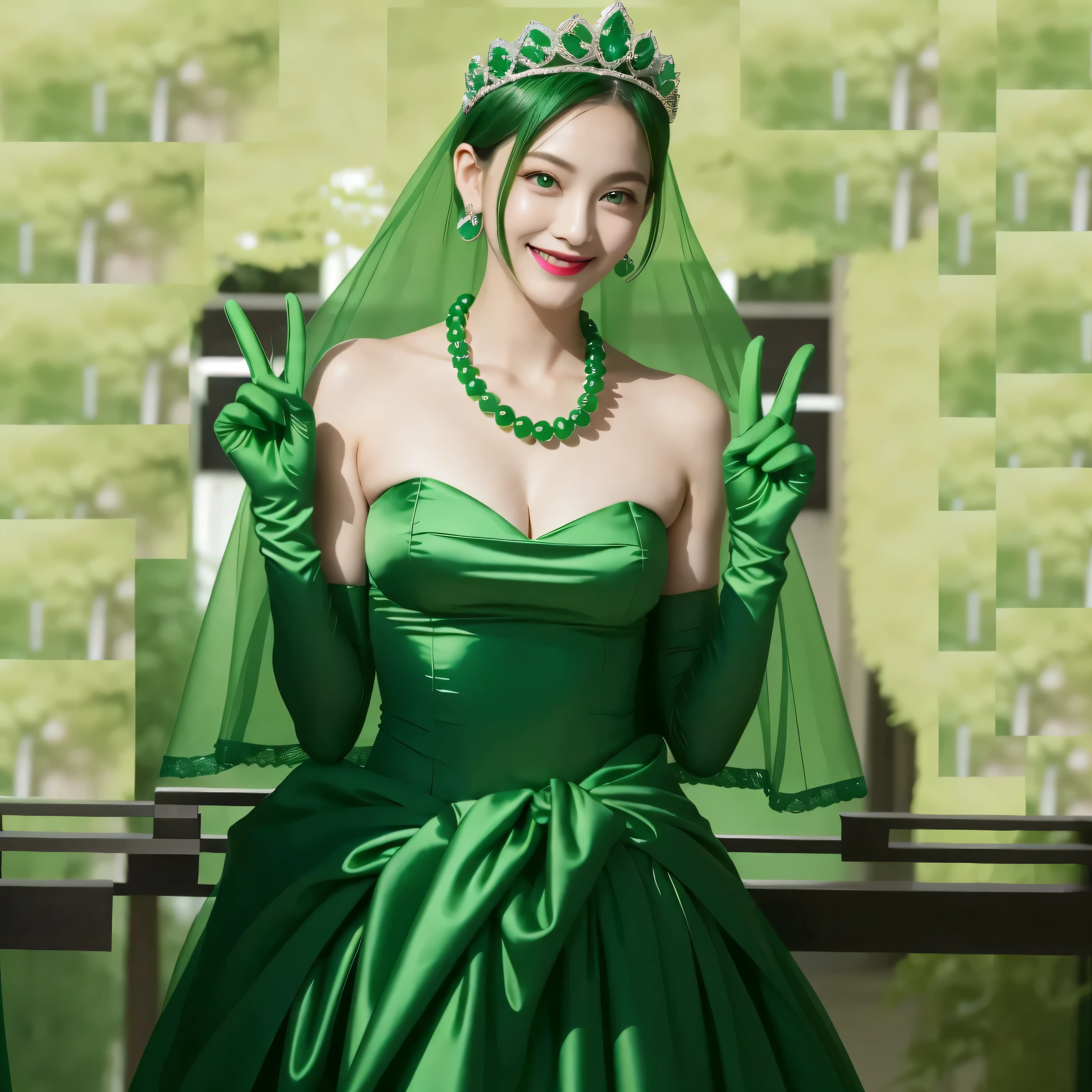 Emerald tiara, Green Pearl Necklace, Boyish Very Short Green Hair, Green Lips, Smiling Japanese woman, Very short hair, Busty beautiful lady, Green Eyes, Green satin gloves, Green Eyes, emerald earrings, Green veil, Heart with both hands, Green Hair, Beautiful Japanese Woman, Heart shaped hands:1.3, green lip gloss
