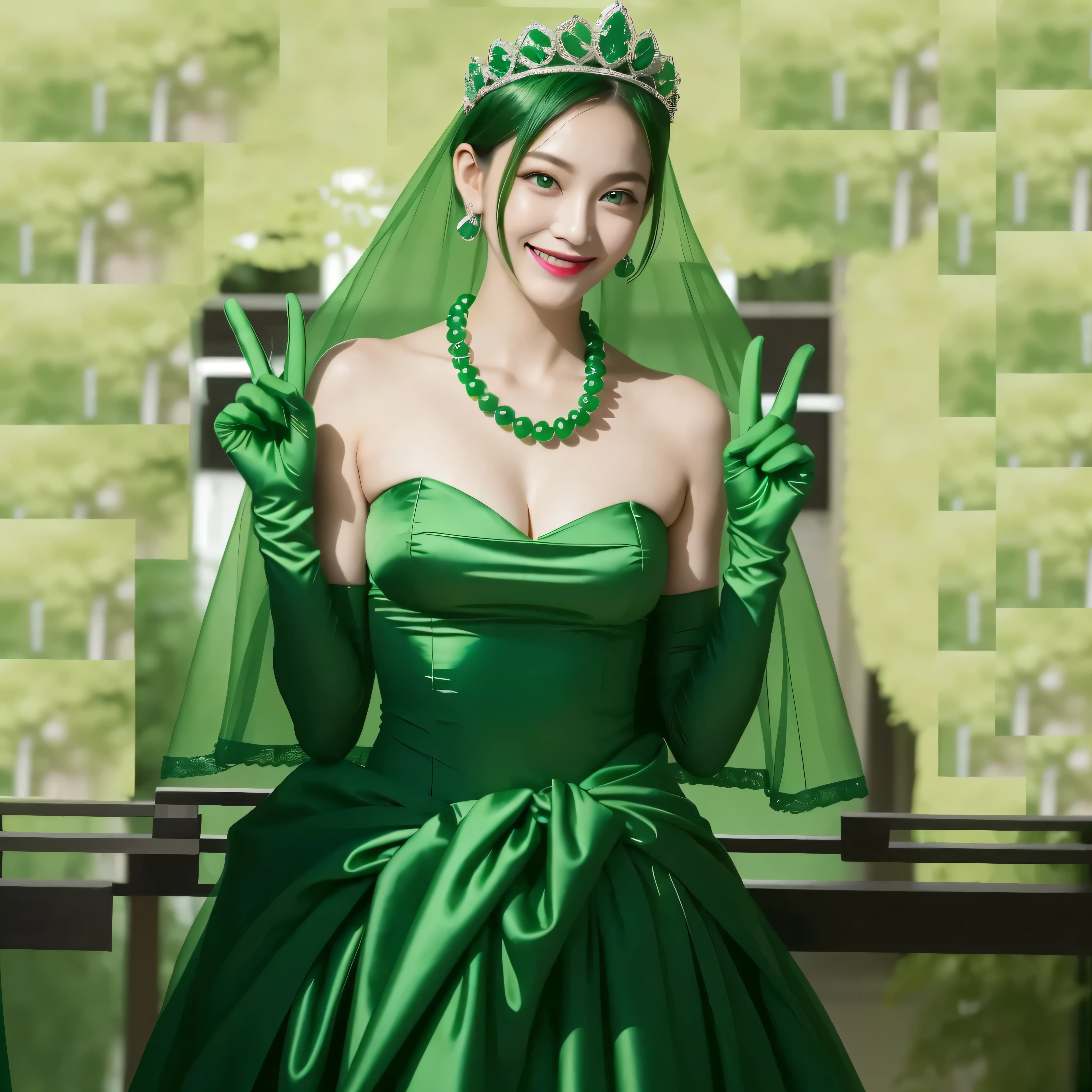 Emerald tiara, Green Pearl Necklace, Boyish Very Short Green Hair, Green Lips, Smiling Japanese woman, Very short hair, Busty beautiful lady, Green Eyes, Green satin gloves, Green Eyes, emerald earrings, Green veil, Heart with both hands, Green Hair, Beautiful Japanese Woman, Heart shaped hands:1.3, green lip gloss