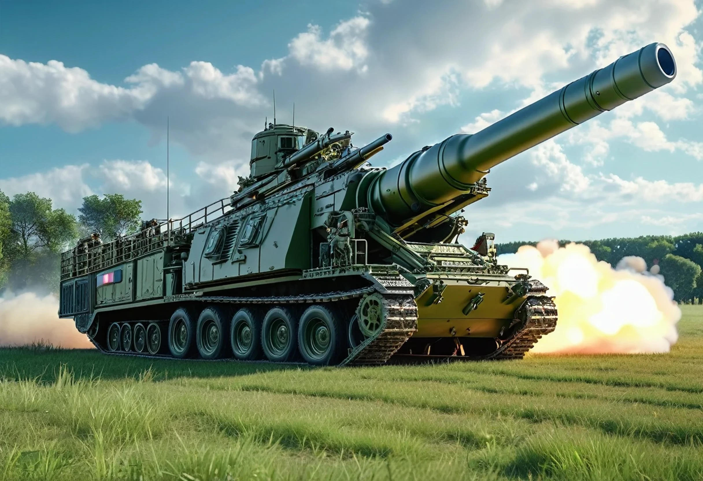 gigantic modern artillery gun stationary defensive firing, is in a grassland in france, 4k, ultra detailed image, Realistic, highly detailed, perfect composition, gorgeous, Intricately detailed, incredibly detailed, 8 k artistic photography, hyper detailed, masterpiece, ultra detailed, hyper Realistic, 4k, ultra detailed image, Realistic, very detailed, perfect composition, gorgeous, Intricately detailed, incredibly detailed, 8 k artistic photography, hyper detailed, masterpiece
