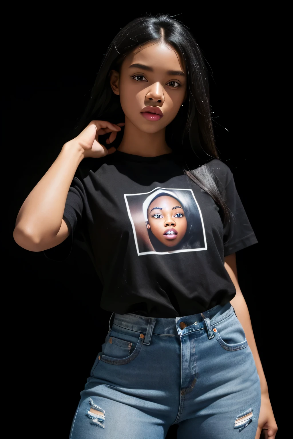 Mulher negra, acima do peso, linda, olhos castanhos escuros, cabelo preto liso, roupa comportada, T-shirt and jeans, travos delicados, imagem realista 