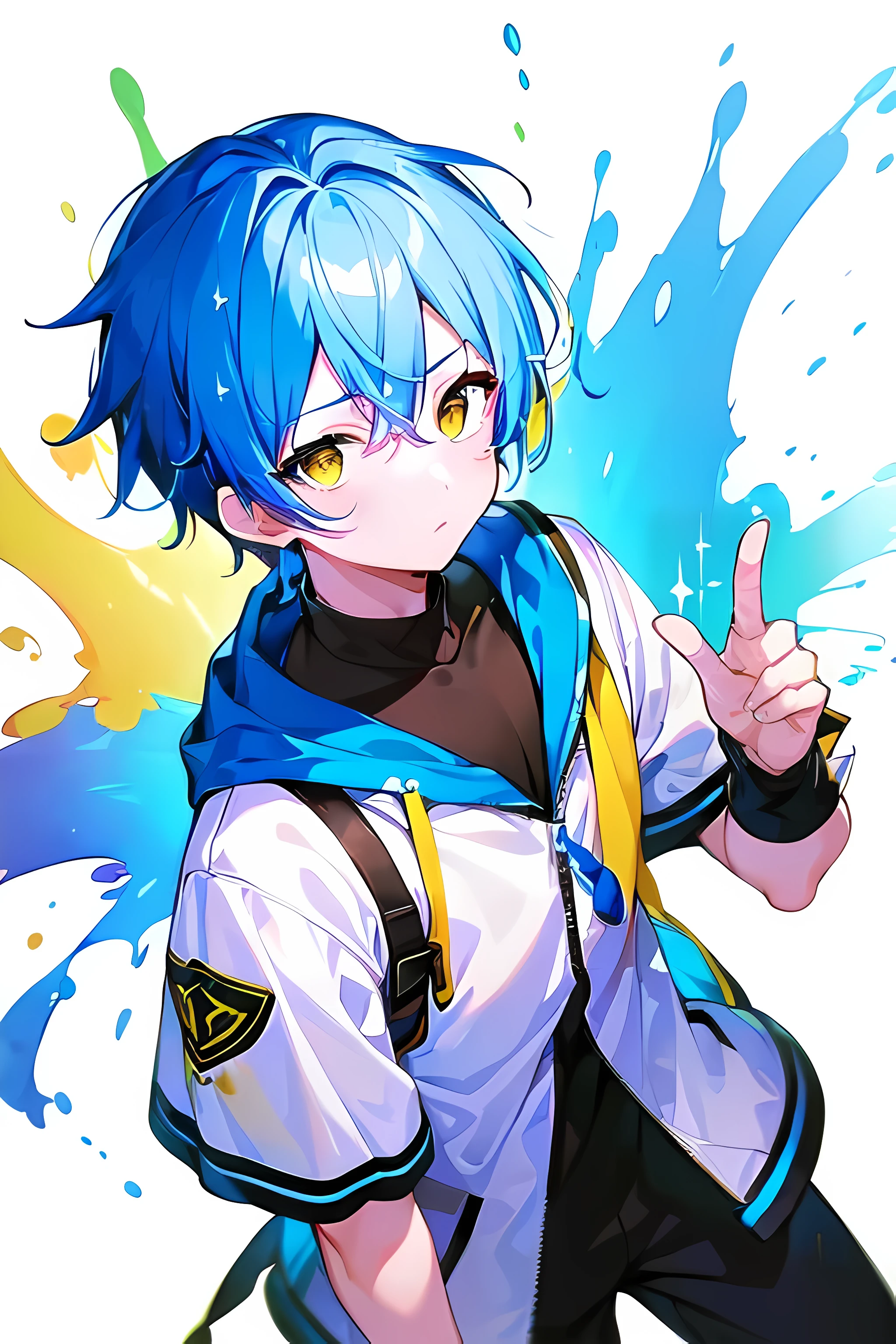 [(WHITE BACKGROUND:1.5),::5], ((((masterpiece)))), high quality, very_high_resolution, large_filesize, full color, ((younger boy)), 13 old year, short deepblue hair, vivid color, ((yellow eye)), civilian clothes white, animestyle, (Soda Splash effect:1.3)