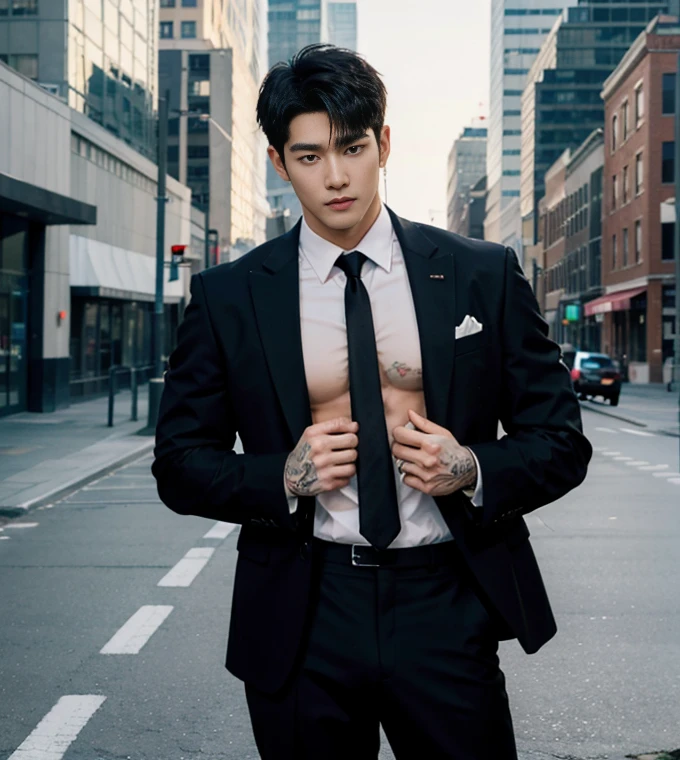 HOMEM COREANO,  PEITO MUSCULAR, bulge ,  athletic physique, smirking, muscular man, muscular body in suit, slender, no body hair, wearing navy suit and tie, using smart phone, in a downtown street with skyscrapers background,Full Body Shoot, tattoo chest, tattoo arms, tattoo hands, Thin stature,detailed body, centered, symmetry naked, long big dick masturbate, detailed corrected shape dick, open legs, juicy butts