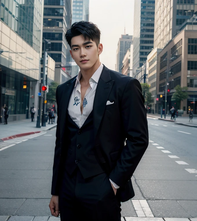 HOMEM COREANO,  PEITO MUSCULAR, bulge ,  athletic physique, smirking, muscular man, muscular body in suit, slender, no body hair, wearing navy suit and tie, using smart phone, in a downtown street with skyscrapers background,Full Body Shoot, tattoo chest, tattoo arms, tattoo hands, Thin stature,detailed body, centered, symmetry naked, long big dick masturbate, detailed corrected shape dick, open legs, juicy butts