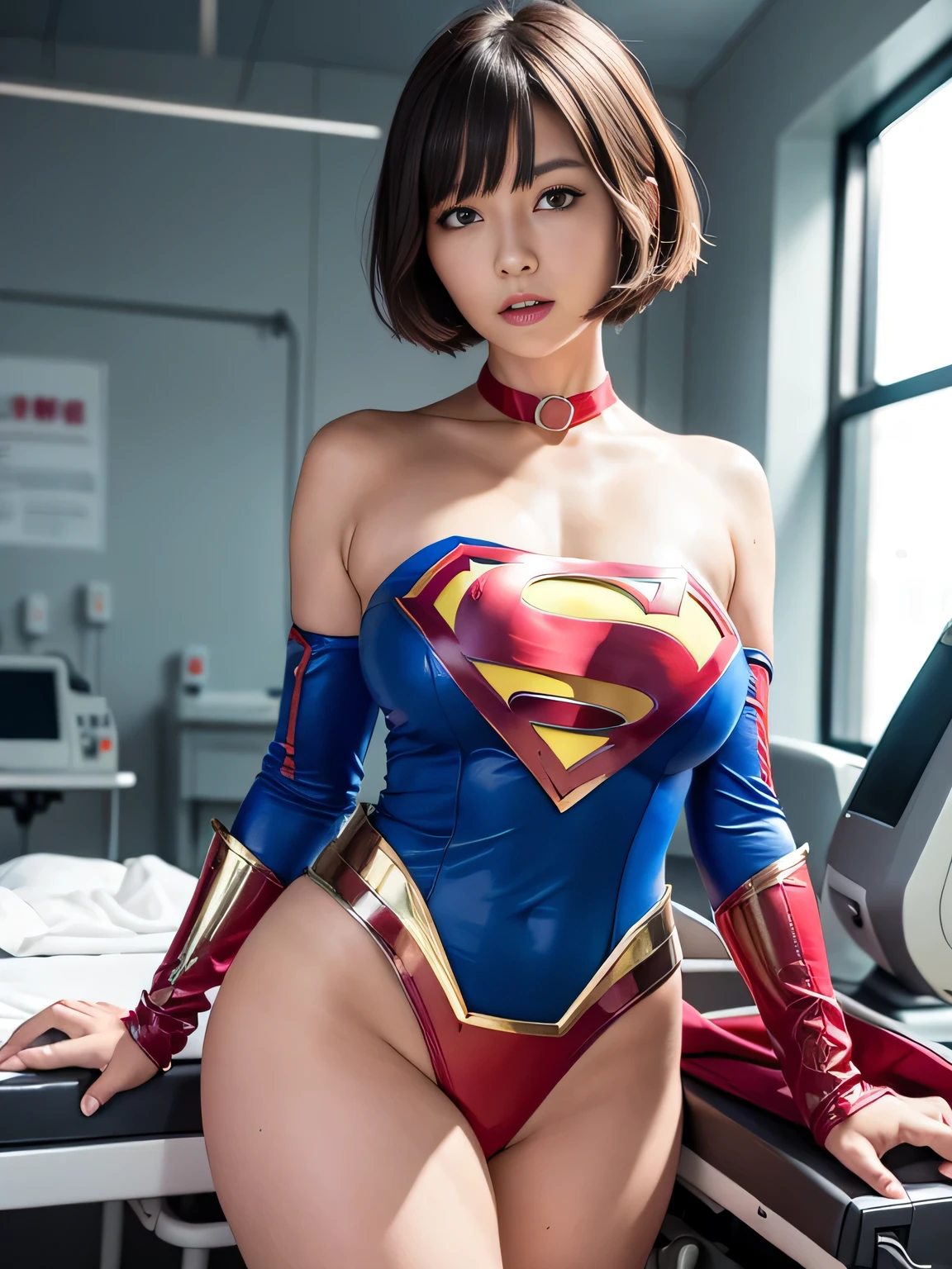 masterpiece、Enamel Supergirl Costume、Short Hair、Hospital operating table、Crisis situation、Big and ample breasts、looking at the camera、Shiny、Off the shoulder、choker、Long sleeve、Red exy poses to seduce、Sweaty、Model Body Type、Alluring、charm、Enchanting、abused、victim、Wild、