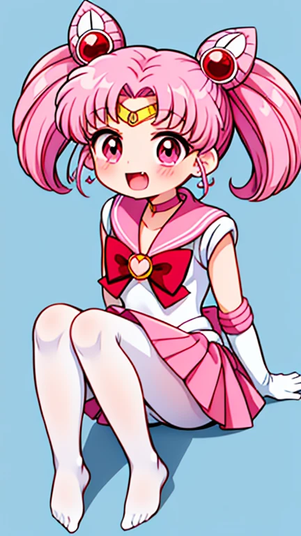 Sailor Moon,young年,Seven years old,cute,(Little Loli),Pink hair twintails,short hair,Sailor Suit,Red bow,White elbow gloves,Red Skirt,No shoes,Open your mouth,laughing out loud,Fangs,(White pantyhose),soles of feet,Soles,(young),(little man),sit